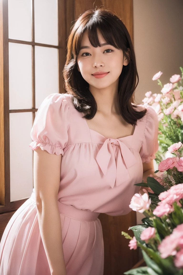 medium view, medium shot, written boundary depth, bust, Upper body, cinematic angle, masterpiece, highest quality, Super detailed, CG, 8k wallpaper, beautiful face, delicate eyes, maiden, alone, smile, bangs, skirt, shirt, have, pink dress, bow, petal, bouquet