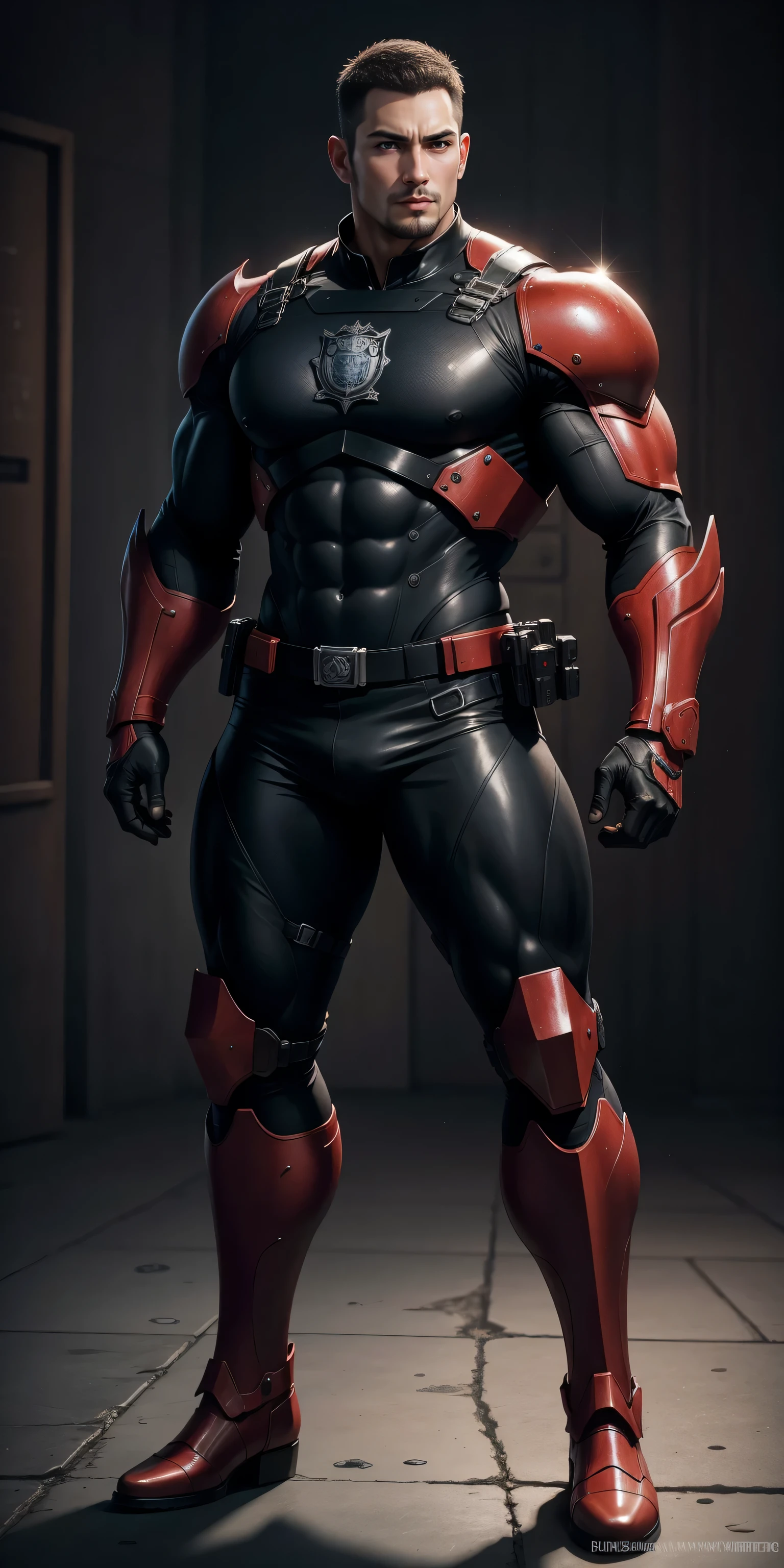 Tall giant muscular police officer,Crimson reticulated nano-mecha,honeycomb pattern,Lightweight texture,character concept(Resident Evil - chris redfield,chris redfield)senior police officer,small grid texture,regular symmetrical texture pattern,sad expression,Deep and charming eyes,Standing in bright mechanical laboratory,Emerald Eyes Hero,heroic male pose,高大burly,muscular!Charming leg muscles,High, burly, Heqiang, Super gain and cool, high resolution committee, Bigfoot dark red ultra-thin nano-mechanical boots,Charming strong man,The bright sunshine is shining on you,matte particles,shiny texture