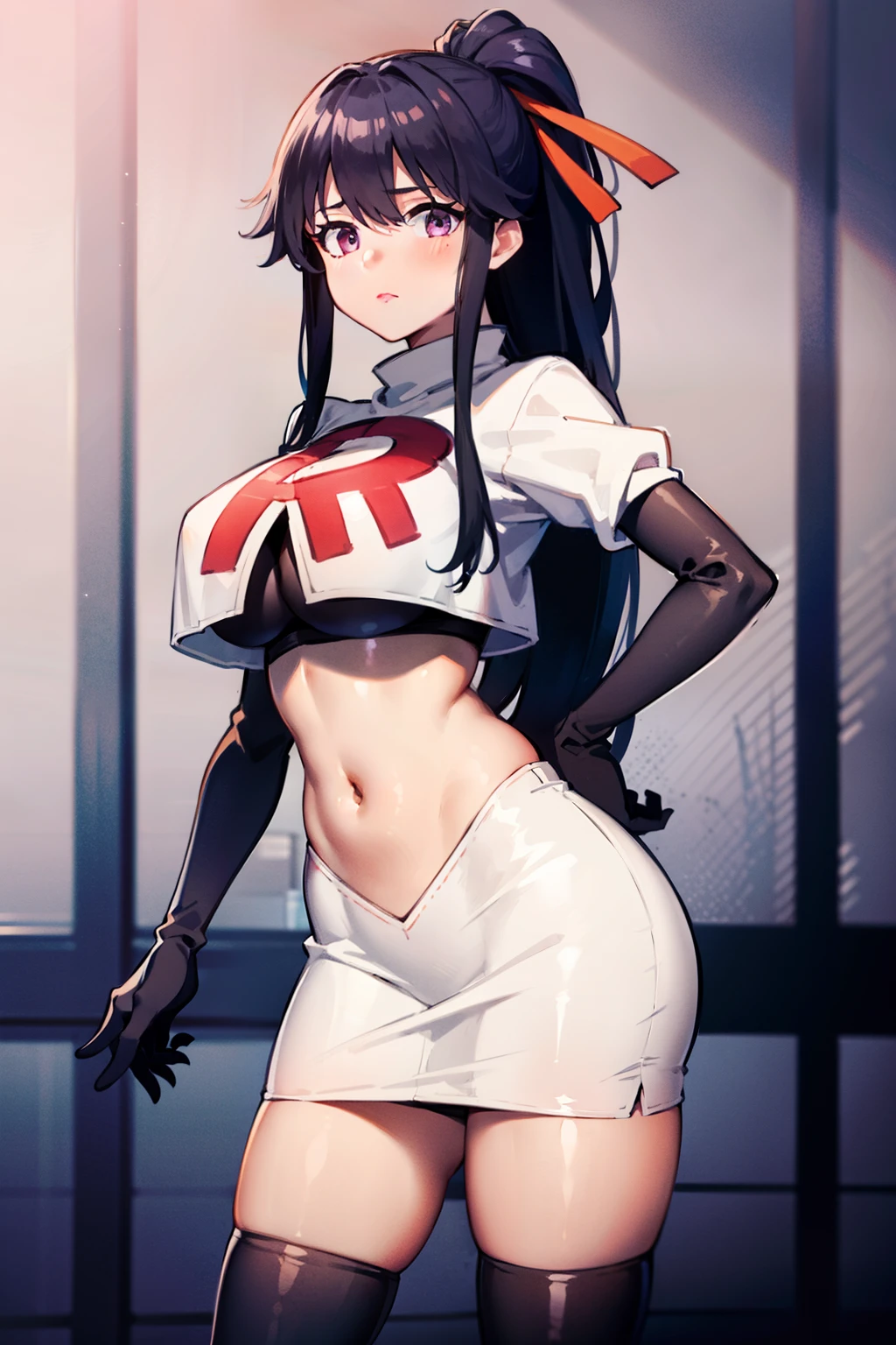 akane, 1girl, solo, long hair, skirt, large breasts, black hair, ribbon, very long hair, purple eyes, hair ribbon, ponytail, hakama skirt, miko, masterpiece, team rocket,team rocket uniform, red letter R, white skirt,white crop top,black thigh-highs,black elbow gloves