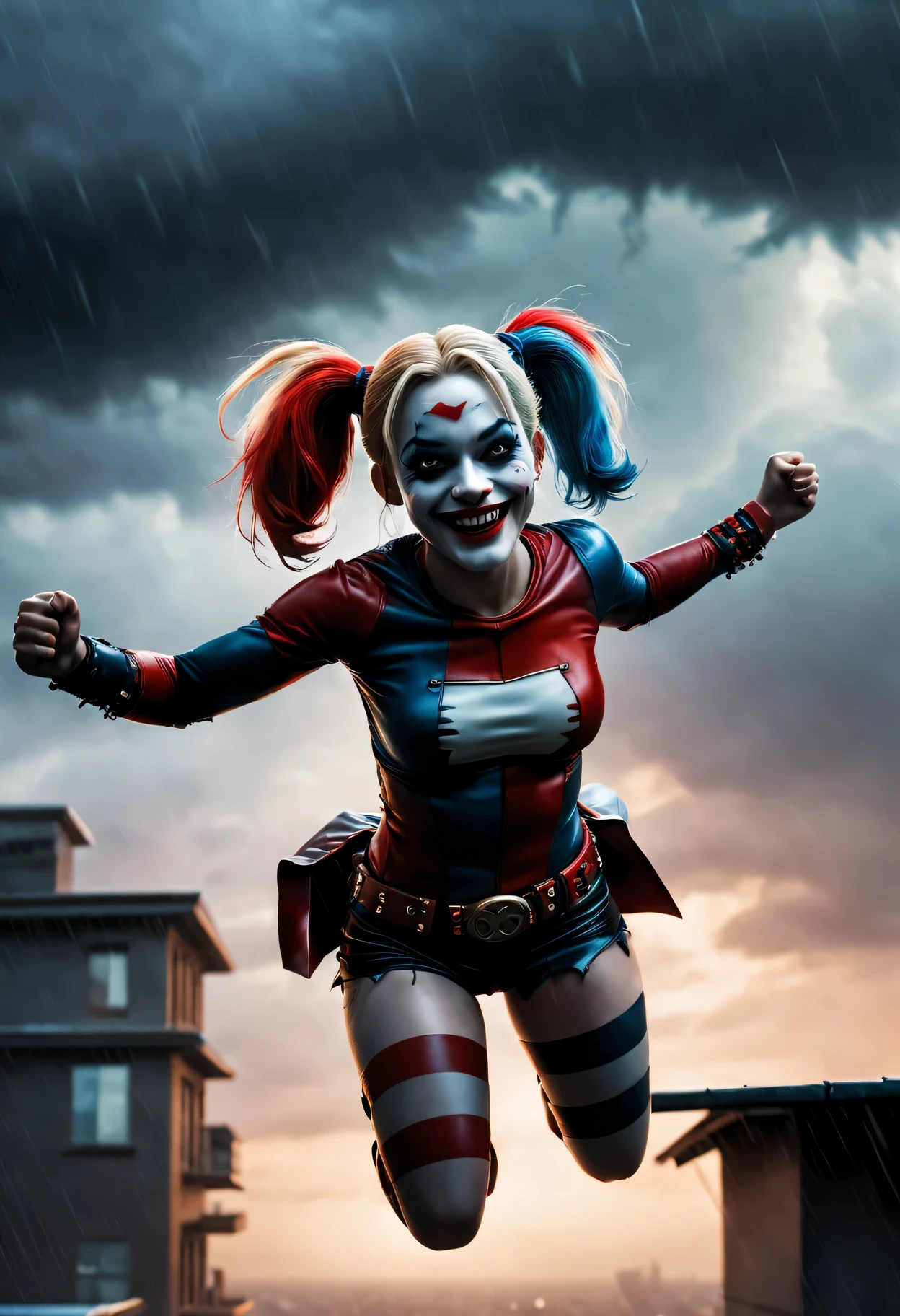 Crazy Harley Quinn jumps from roof during storm,, open arms and laugh, focus blur (best quality, high resolution, masterpiece:1.2), Super detailed, lifelike:1.37, dark, surreal, fear, Detailed cloud, dramatic lighting, bright colors, motion blur, rain, weird atmosphere.