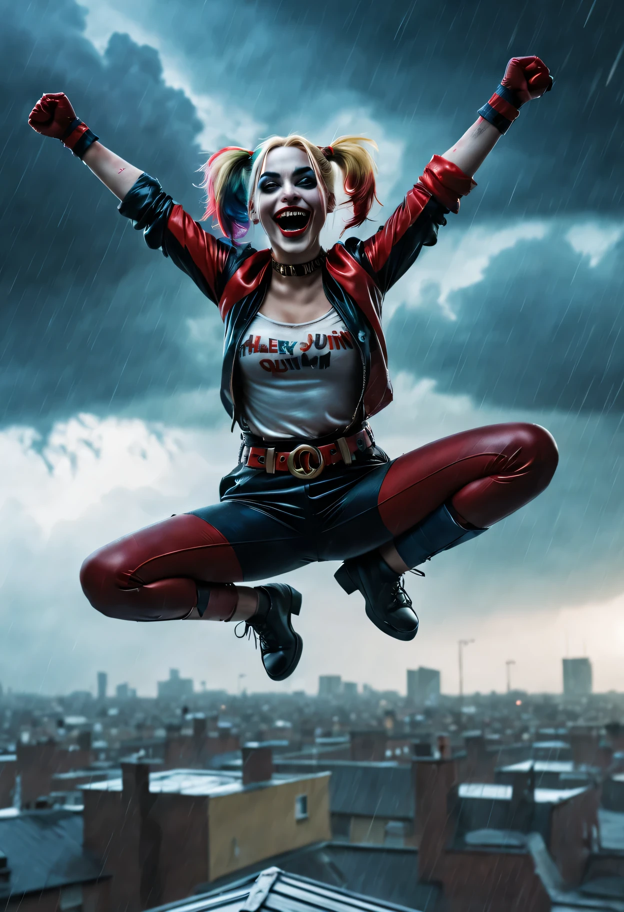Crazy Harley Quinn jumps from roof during storm,, open arms and laugh, focus blur (best quality, high resolution, masterpiece:1.2), Super detailed, lifelike:1.37, dark, surreal, fear, Detailed cloud, dramatic lighting, bright colors, motion blur, rain, weird atmosphere.