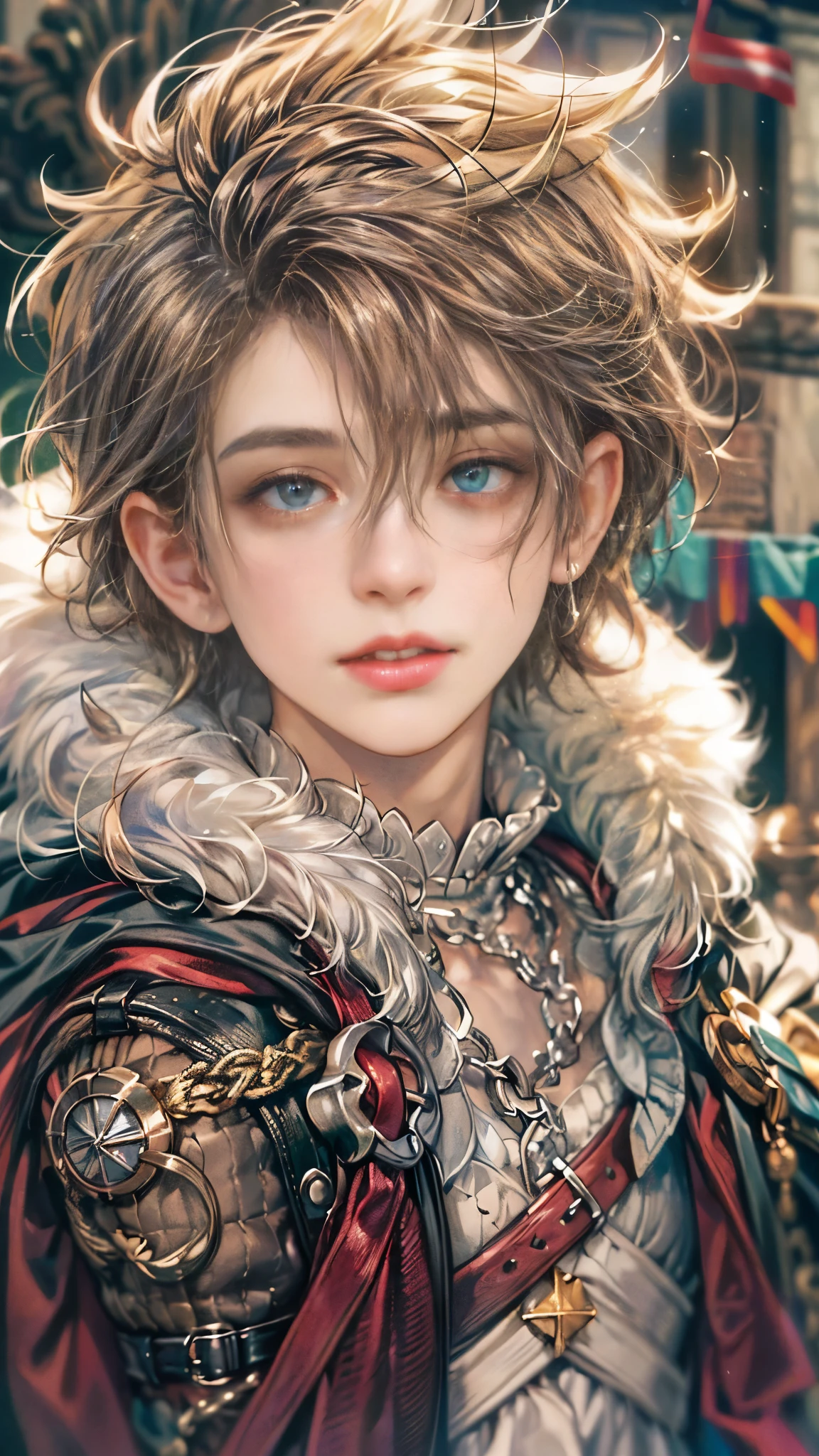 (absurdres, highres, ultra detailed, HDR), masterpiece, Intricate details,best quality close-up picture of a character from Octopath Traveler, handsome  boy with original Hair color, tim burton style, anime eyes, see through Outfit showing Chest with cape in a random color, detailed town scenery, detailed character, art kenouji