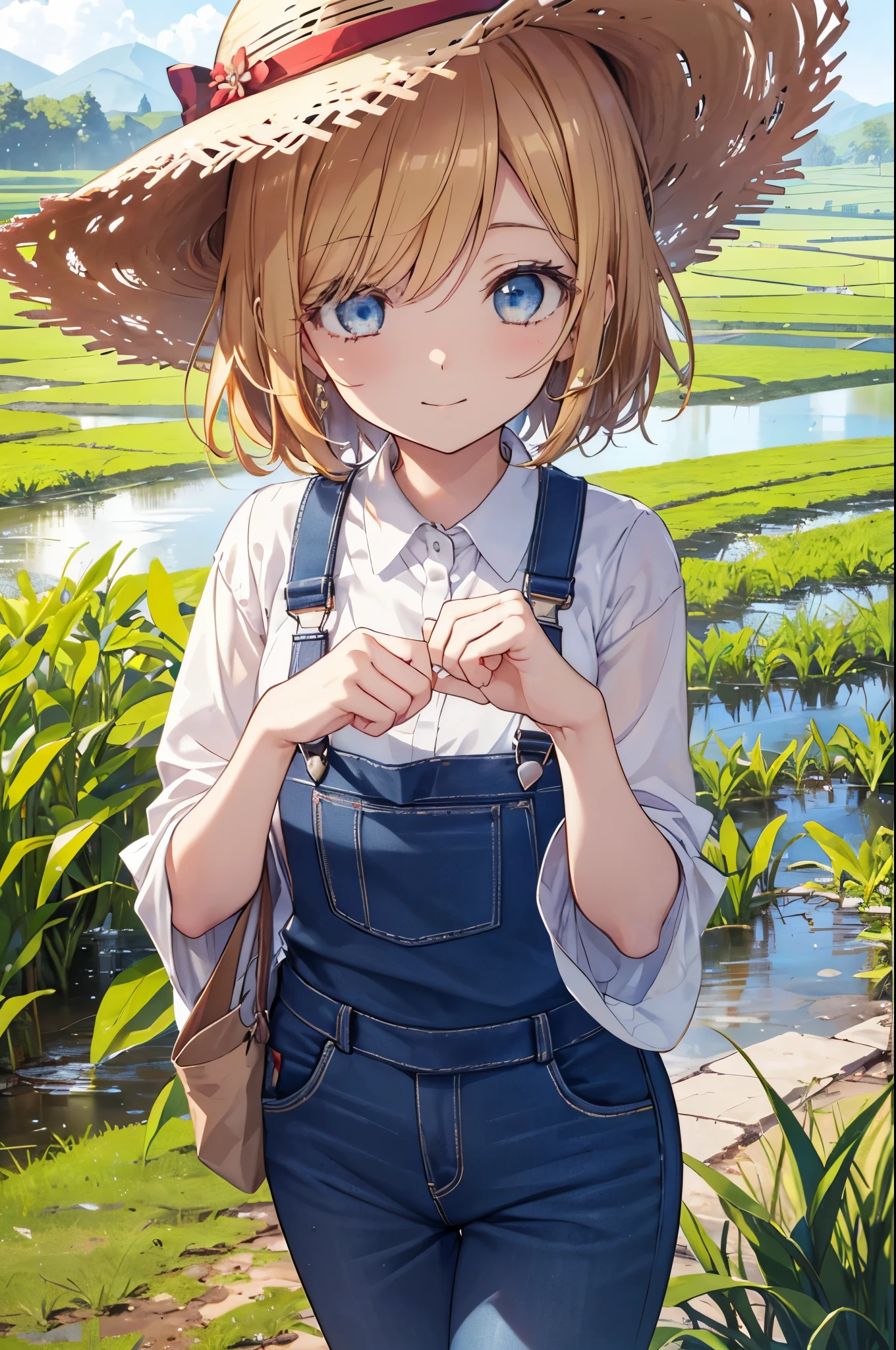 (((pixel perfect, Perfect in every detail))), alone, 1 girl, Hanayo Koizumi, looking at the viewer, smile,straw hat,concealment of work　overalls,rice planting boots,Paddy field,Rice cultivation,Sunny,countryside,(masterpiece:1.2), highest quality, High resolution, unity 8k wallpaper, (shape:0.8), (beautiful and detailed eyes:1.6), highly detailed face, perfect lighting, Very detailed CG, (perfect hands, perfect anatomy),