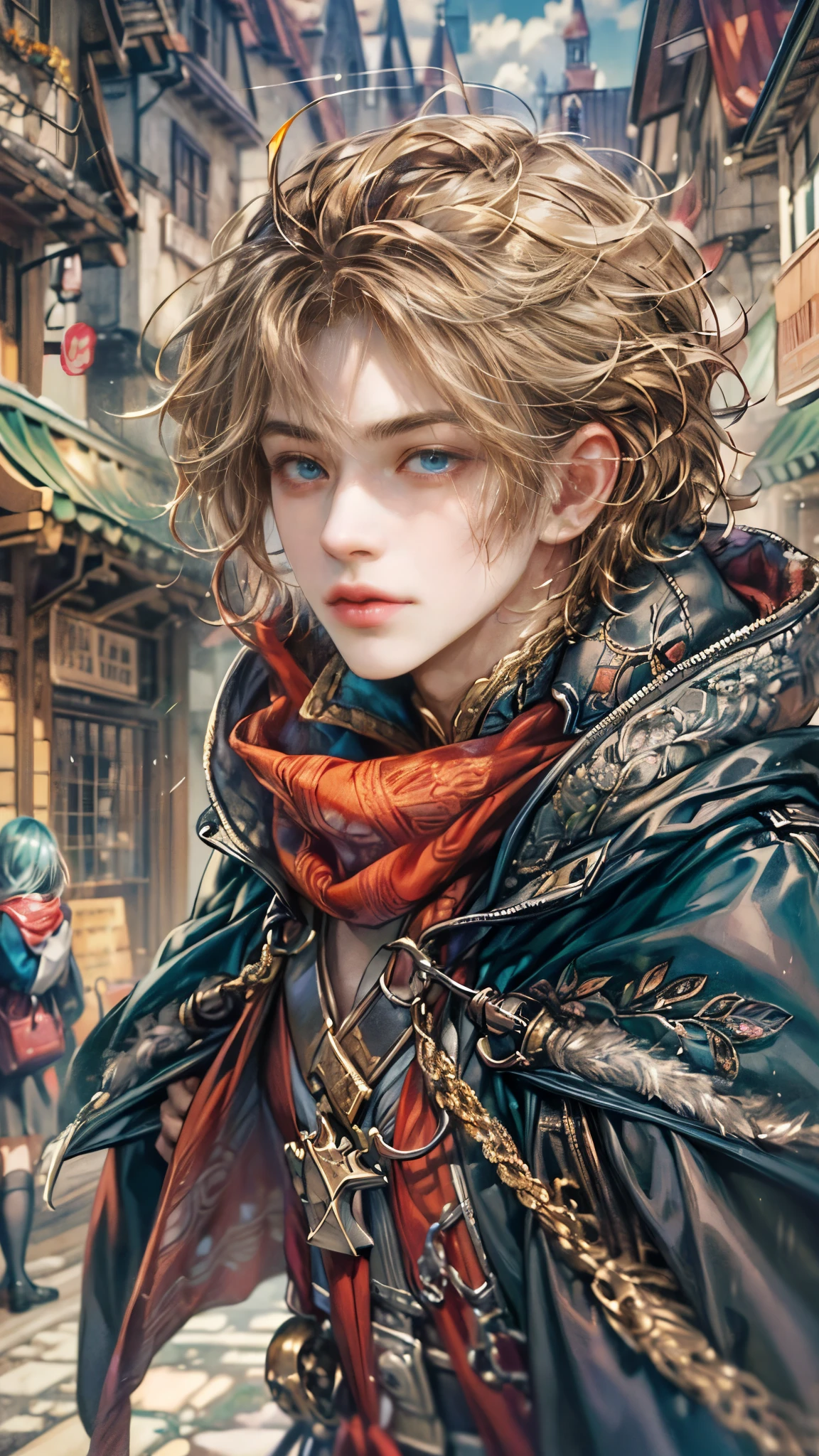 (absurdres, highres, ultra detailed, HDR), masterpiece, Intricate details,best quality close-up picture of a character from Octopath Traveler, handsome teen boy with original Hair color, tim burton style, anime eyes, see through Outfit showing Chest with cape in a random color, detailed town scenery, detailed character, art kenouji