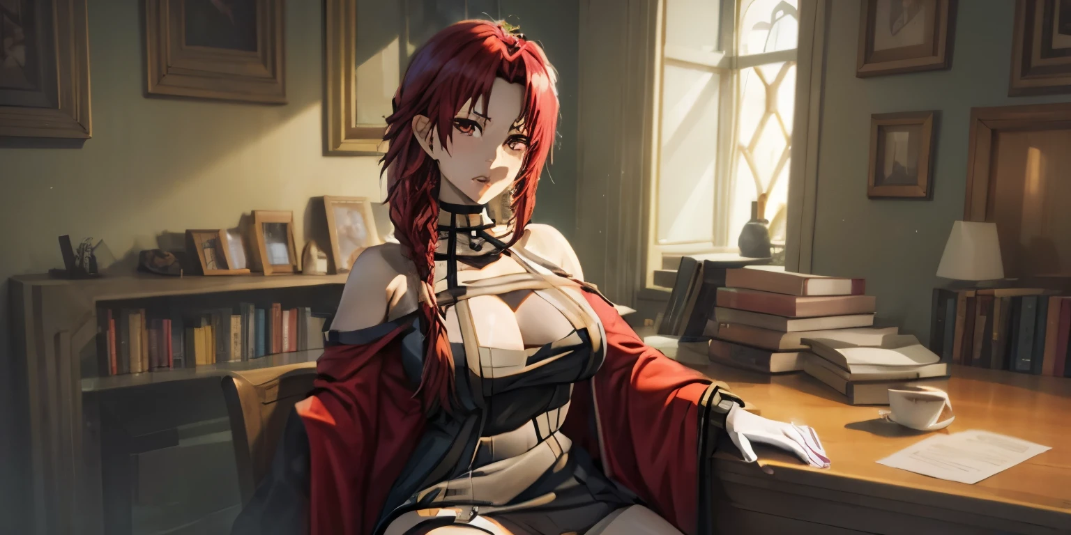 irismidgarv4, red hair, long hair, braid, sweating, glowing eyes, heavy breathing, breasts, 1girl, breasts, book, navel, cleavage, solo, indoors, open_book, sitting, cape, jewelry, window, midriff, navel_cutout, large_breasts, looking_at_viewer, lips, earrings, wide_sleeves, bookshelf, glow effects, godrays, Hand drawn, render, 8k, octane render, cinema 4d, blender, dark, atmospheric 4k ultra detailed, cinematic, Sharp focus, big depth of field, Masterpiece, colors, 3d octane render, 4k, concept art, trending on artstation, hyperrealistic, Vivid colors, extremely detailed CG unity 8k wallpaper, trending on CGSociety, Intricate, High Detail, dramatic, 