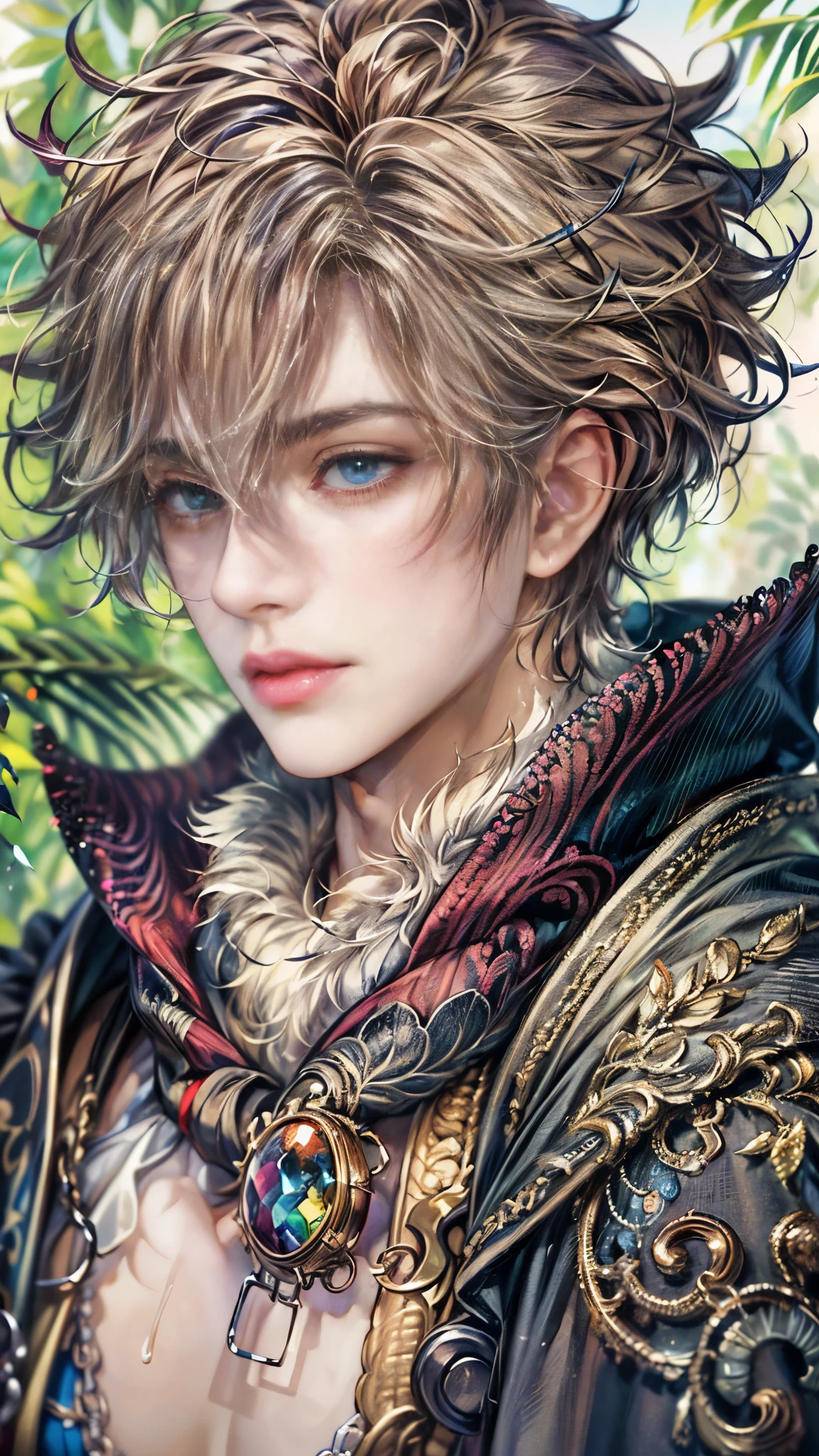 (absurdres, highres, ultra detailed, HDR), masterpiece, Intricate details,best quality close-up picture of a character from Octopath Traveler, handsome teen boy with original Hair color, tim burton style, anime eyes, see through Outfit showing Chest with cape in a random color, detailed town scenery, detailed character, art kenouji