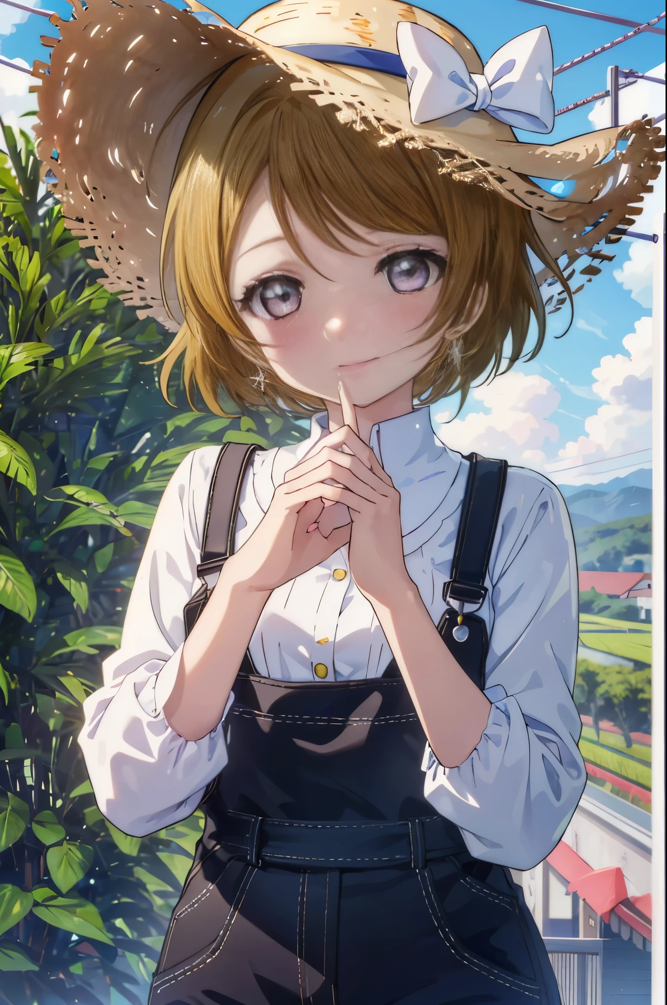 (((pixel perfect, Perfect in every detail))), alone, 1 girl, Hanayo Koizumi, brown hair,short hair,purple eyes,looking at the viewer, smile,straw hat,concealment of work　overalls,rice planting boots,Paddy field,Rice cultivation,Sunny,countryside,(masterpiece:1.2), highest quality, High resolution, unity 8k wallpaper, (shape:0.8), (beautiful and detailed eyes:1.6), highly detailed face, perfect lighting, Very detailed CG, (perfect hands, perfect anatomy),