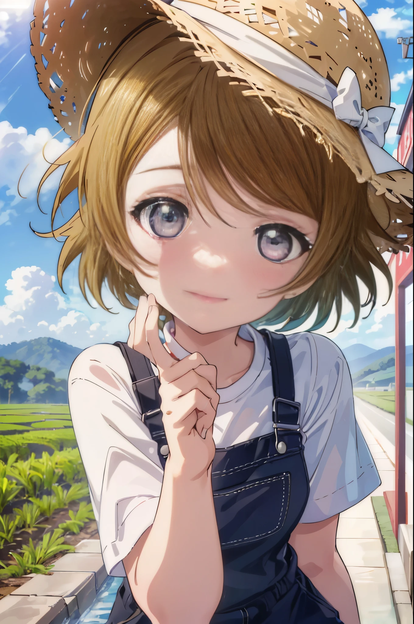 (((pixel perfect, Perfect in every detail))), alone, 1 girl, Hanayo Koizumi, brown hair,short hair,purple eyes,looking at the viewer, smile,straw hat,concealment of work　overalls,rice planting boots,Paddy field,Rice cultivation,Sunny,countryside,(masterpiece:1.2), highest quality, High resolution, unity 8k wallpaper, (shape:0.8), (beautiful and detailed eyes:1.6), highly detailed face, perfect lighting, Very detailed CG, (perfect hands, perfect anatomy),