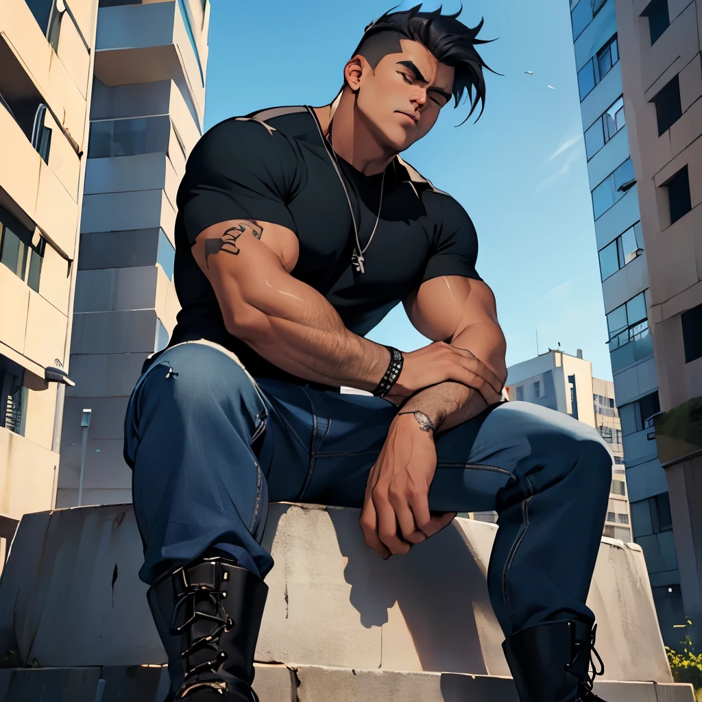 Personaje: Ale
Fuerte
Pelo 6mm, black Black T-shirt Navy blue jeans Black Timberland PRO Titan boots, en la sotea de un edificio. Estilo anime
