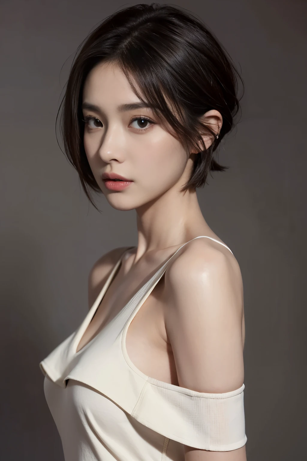 Tight black top:1.2, looking at the audience, light, perfect, soft light, High resolution skin:1.2, Realistic skin texture, 30 years old adult、small face、No makeup、, Off the shoulders,Bust B cup、 Naked trench, red eyes, short hair, dark brown hair,gray background、