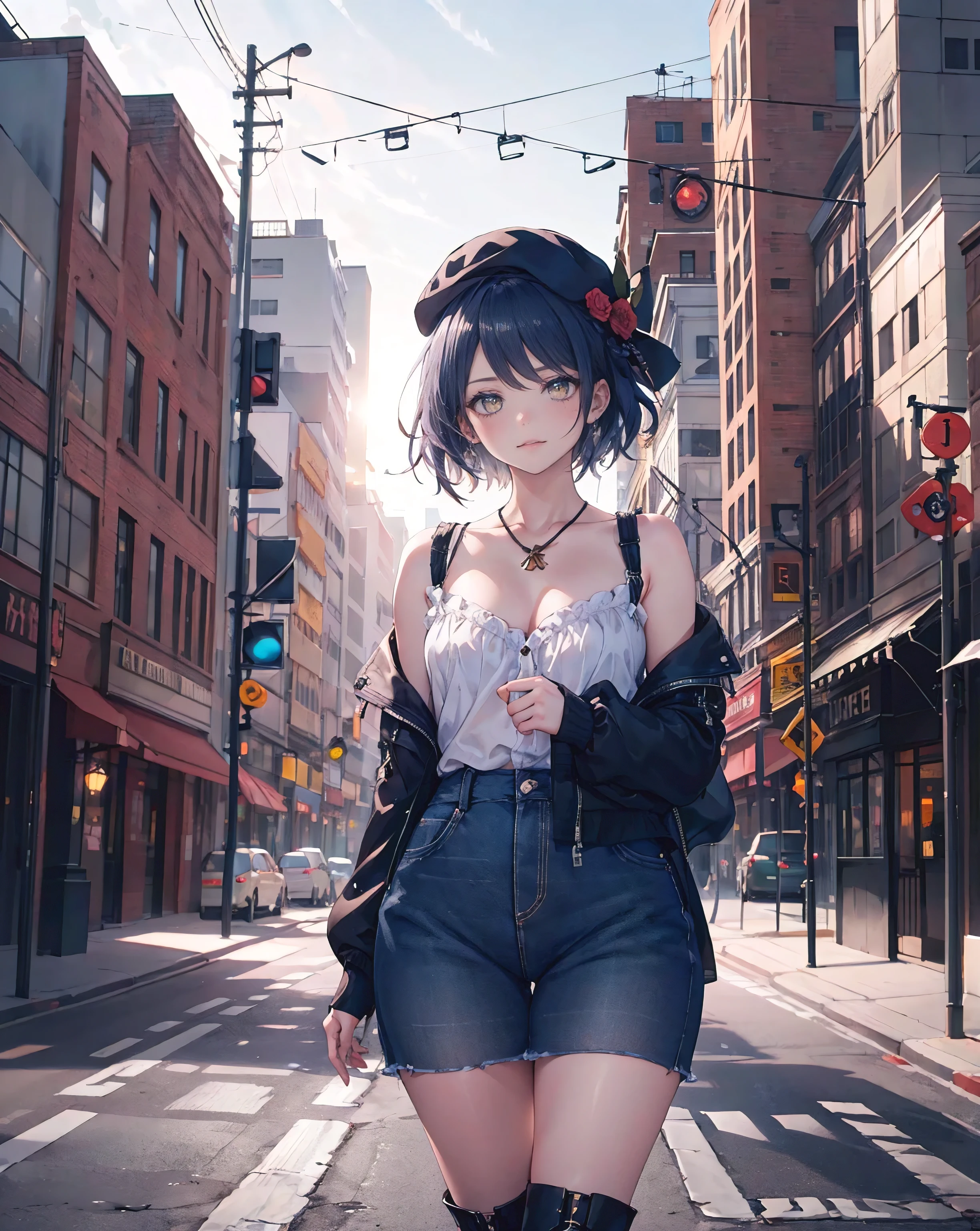 (best quality,4k,height:1.2),Portrait,Beautifully detailed eyes, yellow eyes
, Beautifully detailed lips,girl,have a hat,wide chest,outdoor,road,building,cowboy boots,illustration,very detailed,realistic,bright colors,Warm colors,sunlight,morning glow,soft shadow,city scenery,Retro atmosphere,Characteristic architecture,Cozy atmosphere,Bokeh lights,road artist inspiration,Impressive depth,Professional masterpiece,Sharp focus