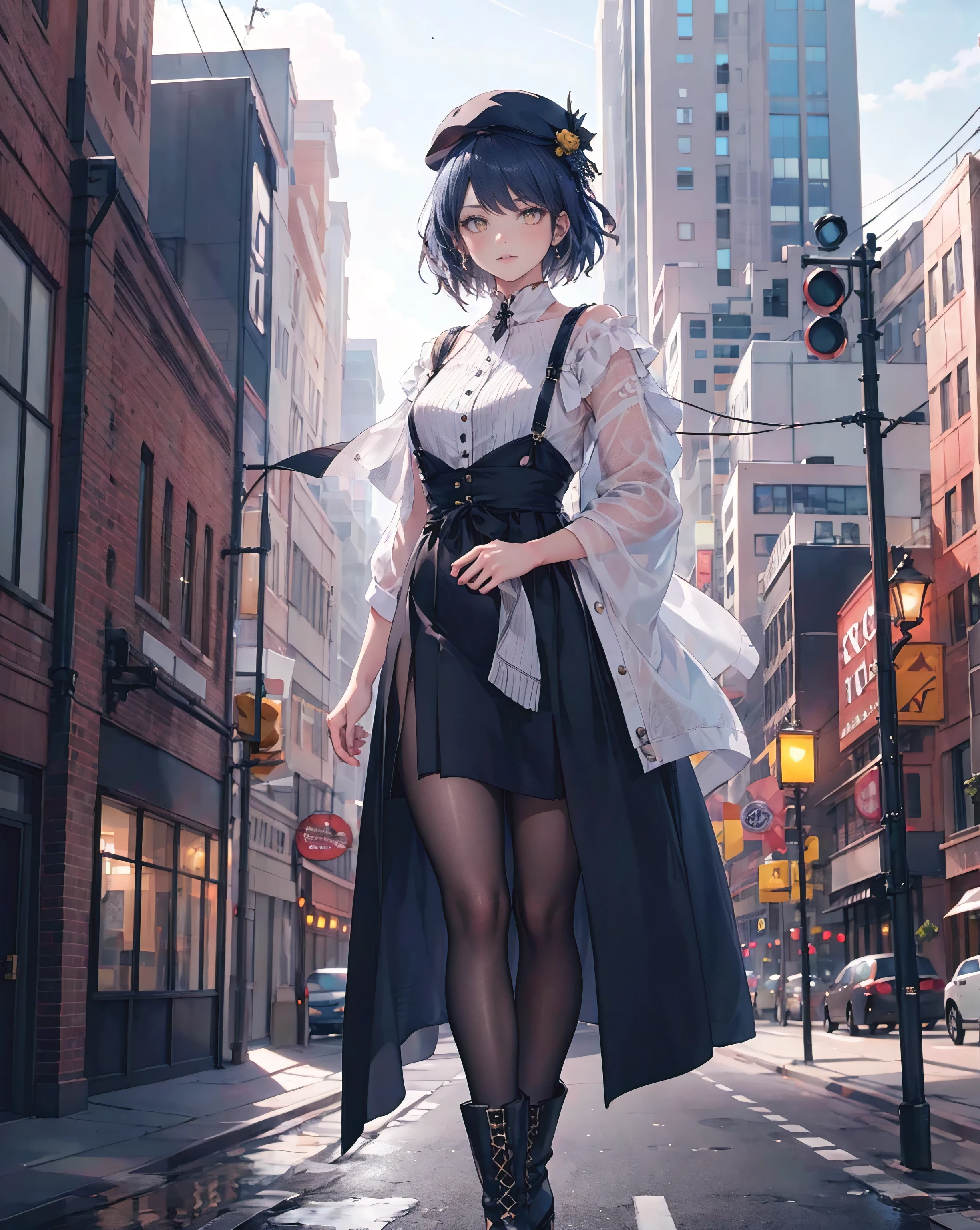 (best quality,4k,height:1.2),Portrait,Beautifully detailed eyes, yellow eyes
, Beautifully detailed lips,girl,have a hat,wide chest,outdoor,road,building,cowboy boots,illustration,very detailed,realistic,bright colors,Warm colors,sunlight,morning glow,soft shadow,city scenery,Retro atmosphere,Characteristic architecture,Cozy atmosphere,Bokeh lights,road artist inspiration,Impressive depth,Professional masterpiece,Sharp focus