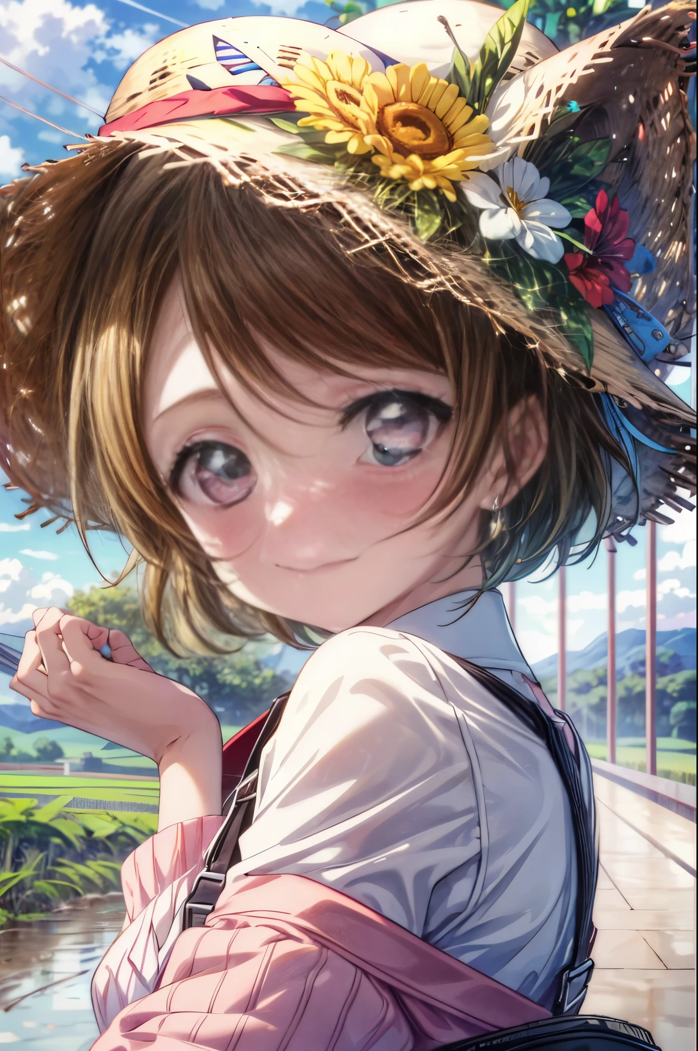 (((pixel perfect, Perfect in every detail))), alone, 1 girl, Hanayo Koizumi, brown hair,short hair,purple eyes,looking at the viewer, smile,straw hat,concealment of work　overalls,rice planting boots,Paddy field,Rice cultivation,Sunny,countryside,(masterpiece:1.2), highest quality, High resolution, unity 8k wallpaper, (shape:0.8), (beautiful and detailed eyes:1.6), highly detailed face, perfect lighting, Very detailed CG, (perfect hands, perfect anatomy),