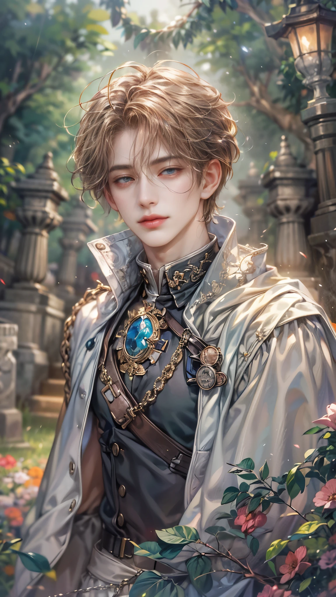(absurdres, highres, ultra detailed, HDR), masterpiece, Intricate details,best quality close-up picture of a character from Octopath Traveler, handsome adult boy in tim burton style, anime eyes, Hero Outfit see through showing Chest with cape in a random color, detailed outside garden cemetery scenery, detailed character, art kenouji