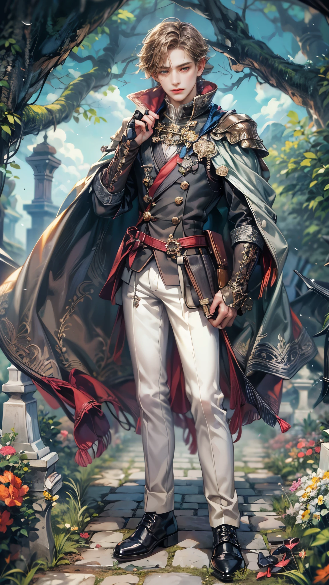 (absurdres, highres, ultra detailed, HDR), masterpiece, Intricate details,best quality close-up picture of a character from Octopath Traveler, handsome adult boy in tim burton style, anime eyes, Hero Outfit see through showing Chest with cape in a random color, detailed outside garden cemetery scenery, detailed character, art kenouji