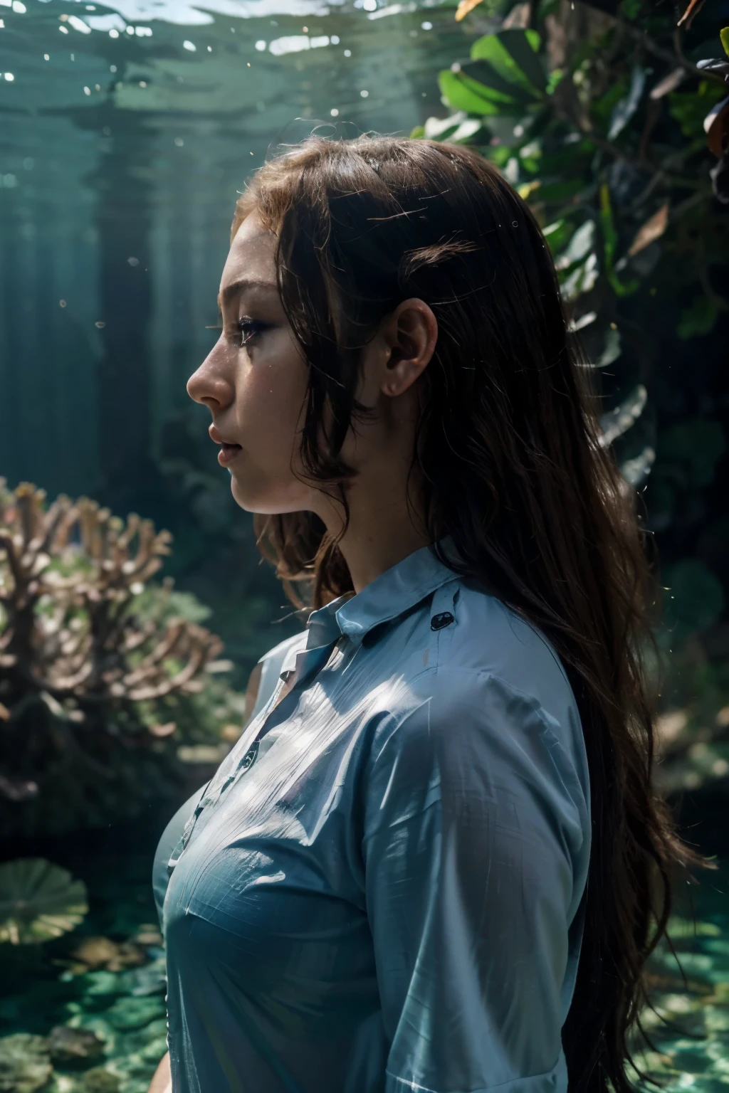 ((best quality)), ((masterpiece)), ((wear fully covered shirt)), (detailed),"Generate an ultra-realistic, high-resolution headshot of a 21-year-old girl with a black shirt that accentuates her curves. A breathtaking mermaid with iridescent scales and long, flowing hair swims gracefully through a coral reef filled with colorful fish. Sunlight filters through the water, creating a magical atmosphere. portrait sophie mudd, thick neck, 19 year old female model, latina, angelawhite, violet myers, 22 years old, 21 years old, profile image, italian, italian latina, Alycia Debnam-Carey, hazel eyes, realistic, post-processing, maximum detail,
