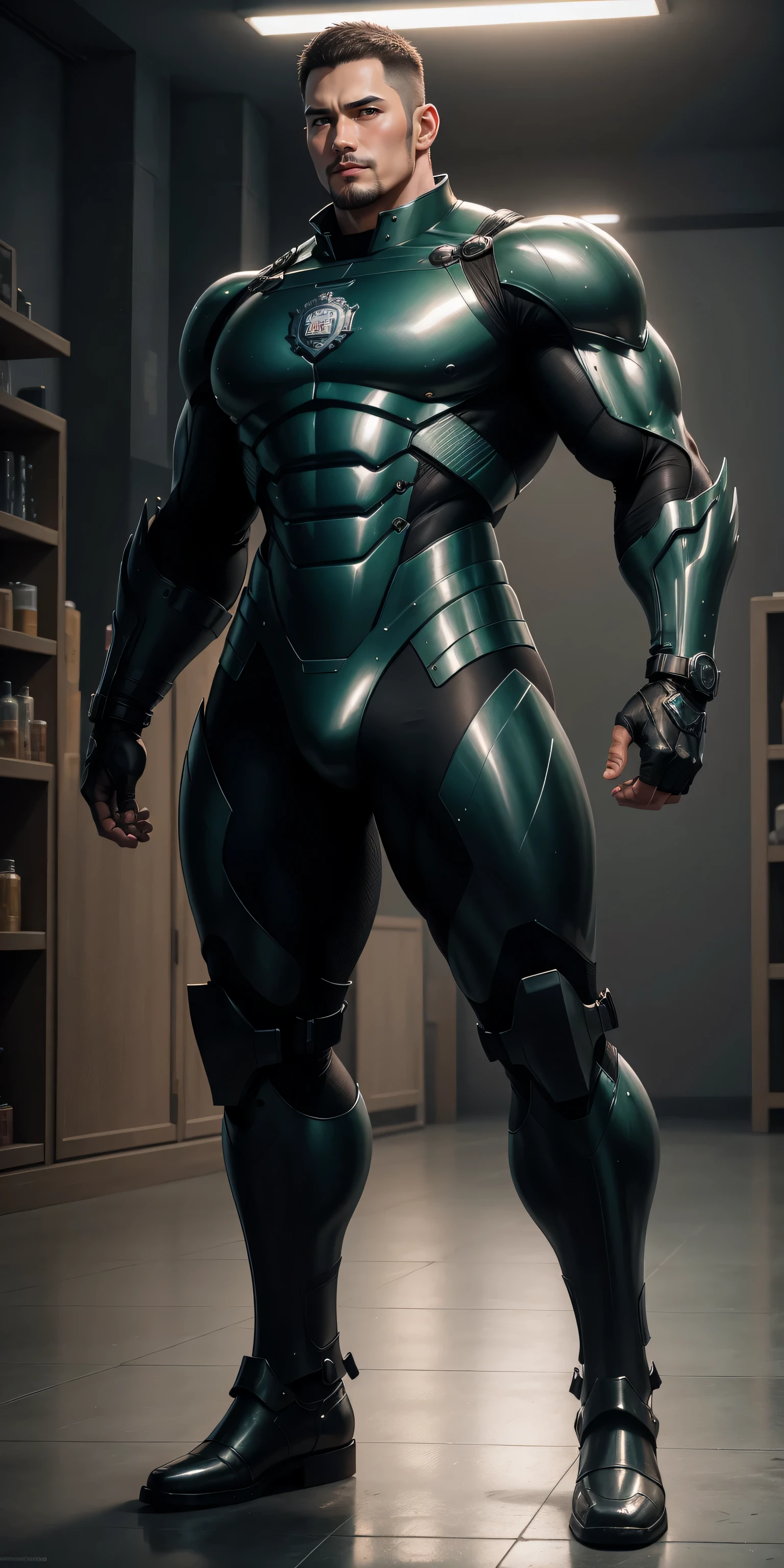 Tall giant muscular police officer,Shiny brown network pattern nano mecha,honeycomb pattern,Lightweight texture,character concept(Resident Evil - chris redfield,chris redfield)senior police officer,small grid texture,regular symmetrical texture pattern,sad expression,Deep and charming eyes,Standing in bright mechanical laboratory,Emerald Eyes Hero,heroic male pose,高大burly,muscular!Charming leg muscles,High, burly, Heqiang, Super gain and cool, high resolution committee, Big feet in shiny brown ultra-thin nanomecha boots,Charming strong man,The bright sunshine is shining on you,matte particles,shiny texture