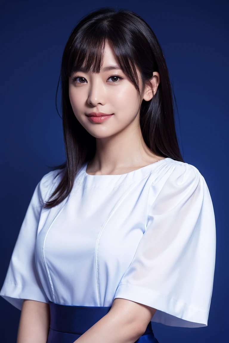 medium view, medium shot, written boundary depth, bust, Upper body, cinematic angle, masterpiece, highest quality, Super detailed, CG, 8k wallpaper, beautiful face, delicate eyes, maiden, alone, smile, bangs, skirt, shirt, have, cobalt blue dress, flower background