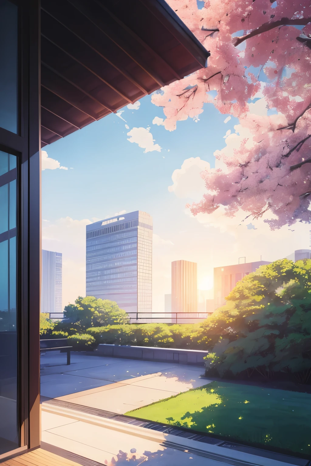 landscape, summer, sun, Tokyo, building, uninhabited, nobody, hot weather, blue sky, HD detail, ultra detail, film, hyperrealism, soft light, deep focus bokeh, ray tracing, gwise on pixiv art station, Makoto Shinkai, art germ