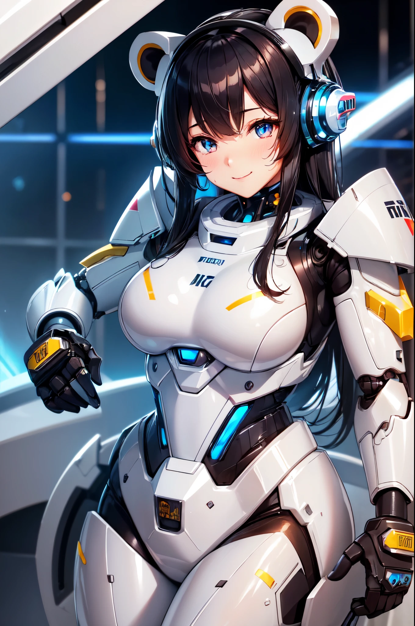 (High quality, High resolution, Fine details), (Robot suit with bear motif), Bear ears, solo, curvy women, black hair, sparkling eyes, (Detailed eyes:1.2), smile, blush, Sweat, Oily skin, shallow depth of field
