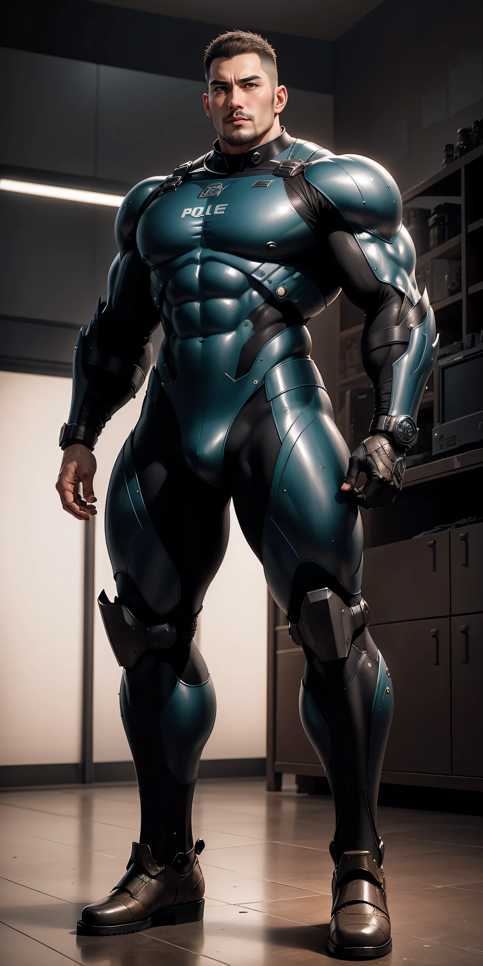 Tall giant muscular police officer,Brown mesh nano-mecha,honeycomb pattern,Lightweight texture,character concept(Resident Evil - chris redfield,chris redfield)senior police officer,small grid texture,regular symmetrical texture pattern,sad expression,Deep and charming eyes,Standing in bright mechanical laboratory,A hero with jewel-like eyes,heroic male pose,高大burly,muscular!Charming leg muscles,High, burly, Heqiang, Super gain and cool, high resolution committee, Bigfoot brown ultra-thin nano-mechanical boots,Charming strong man,The bright sunshine is shining on you,matte particles,shiny texture