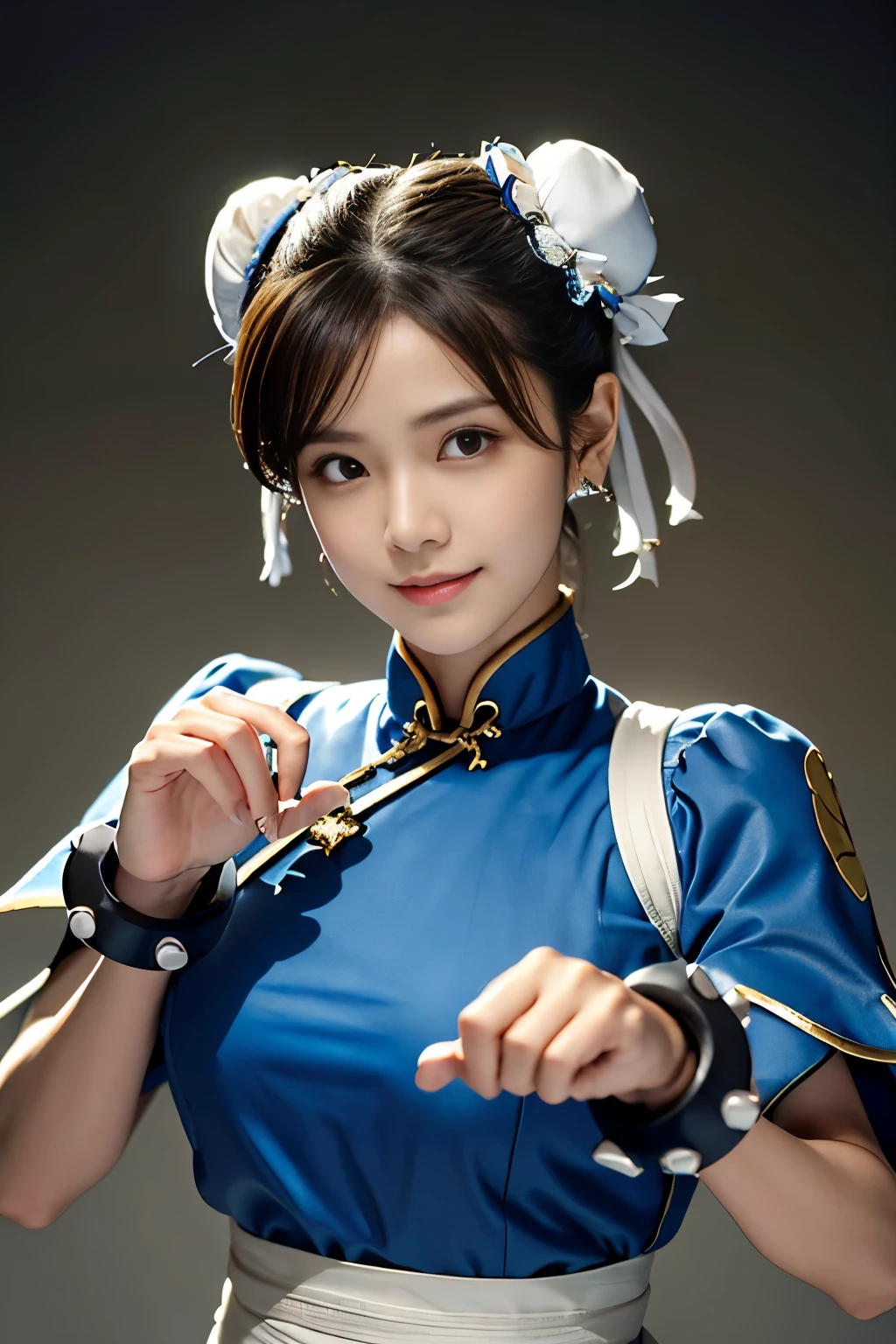 Chun-Li from Street Fight II,perfect chun li costume,Blue cheongsam with gold lines,Bun head,bun cover,fighting pose,masterpiece、1 beautiful girl、fine eyes、puffy eyes、highest quality, 超High resolution, (reality: 1.4), movie lighting、Japanese、asian beauty、Korean、super beautiful、beautiful skin、body facing forward、close up of face、(超reality的な)、(High resolution)、(8k)、(very detailed)、(美しくfine eyes)、(Super detailed)、 (wall-)、detailed face、bright lighting、professional lighting、looking at the viewer、look straight ahead、slanted bangs、Nogizaka Idol、korean idol、masterpiece, highest quality, masterpiece, highest quality, perfect face, perfect brown eyes with white sclera, bad move-5, alone, 1 girl, Upper body, brown hair, From SF2, Chinese service, smile, muscular woman, blue clothes, pantyhose, pelvic curtain, Puffy short sleeves, Good cover, sash, evaluation:safety