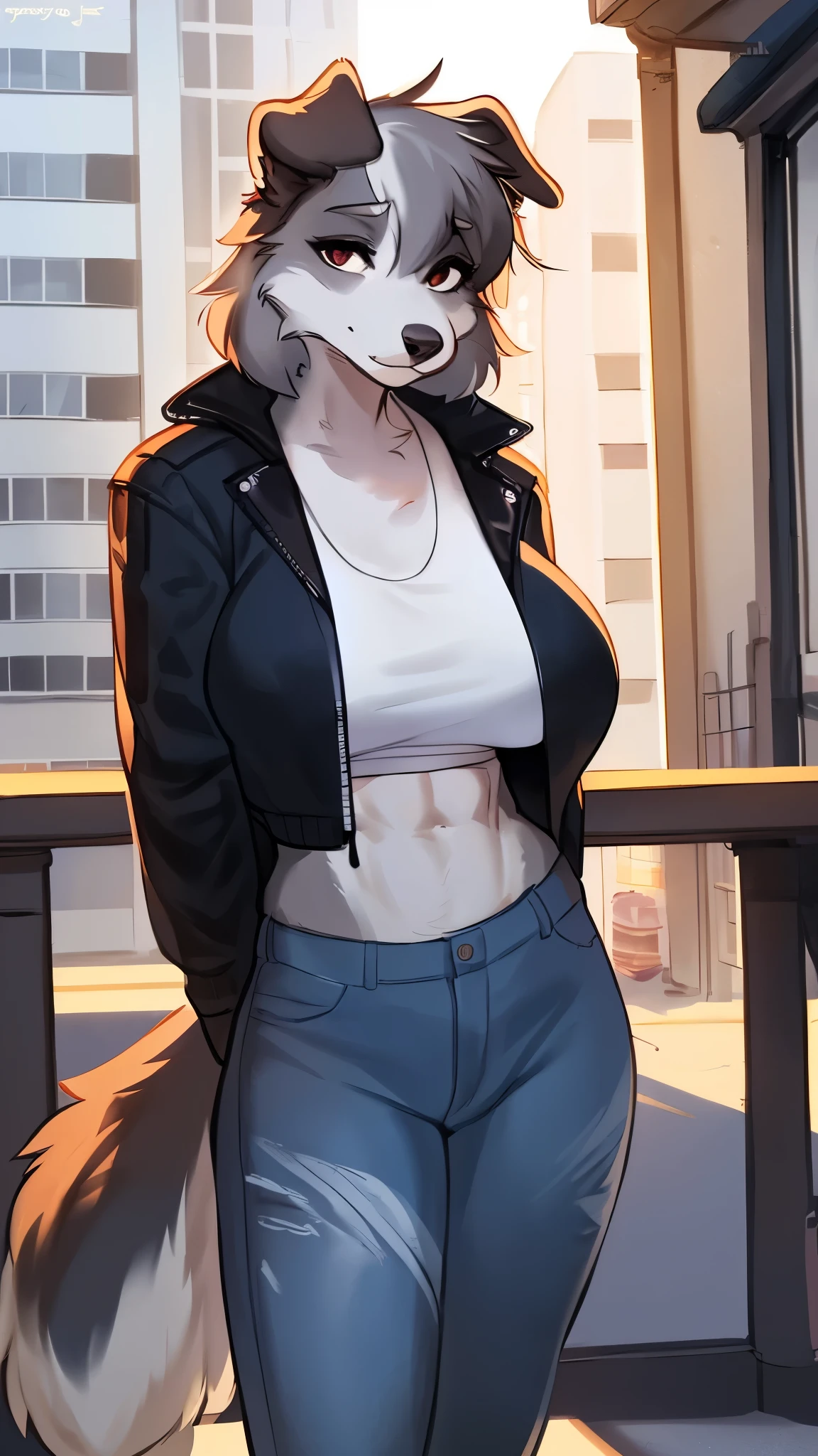 By bebebebebe, by lostgoose, by goonie-san, (by spuydjeks), solo, female, standing, canine, (bearded collie, detailed eyes), ((snout, hair)), (grey fur, light grey fur), big breasts, hands behind back, looking at viewer, English city, brown townhouses, standing in the city, (high-waisted jeans), crop shirt, jacket, abs, (Balenciaga)