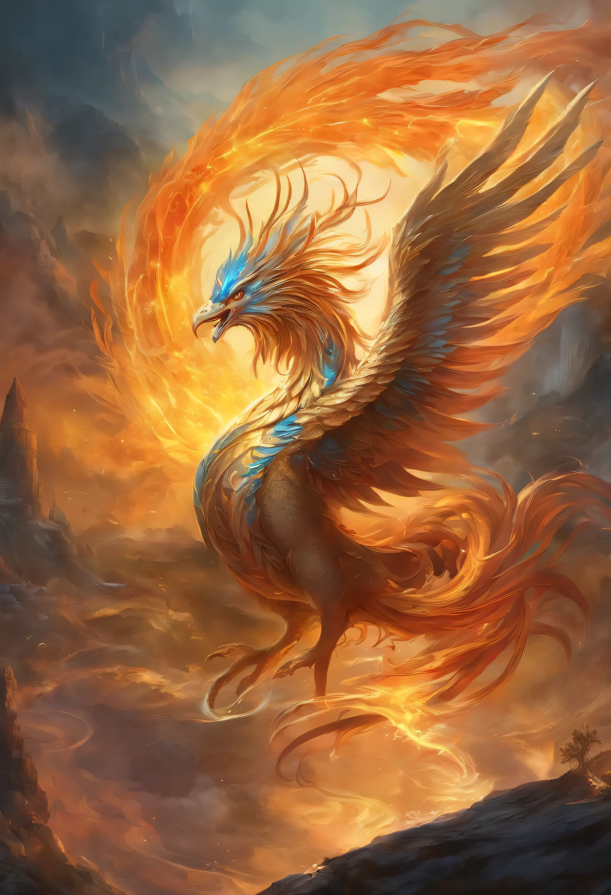 mythical creatures,((Fiery phoenix in Chinese mythology)),traditional chinese elements,Ancient murals,Mythological explanation,Legend of Fuyo,speckled lights,hazy haze,mysterious aura,masterpiece,khd,Rich in color,Detailed details,Money, Moneyの太陽, 8k, bright sky