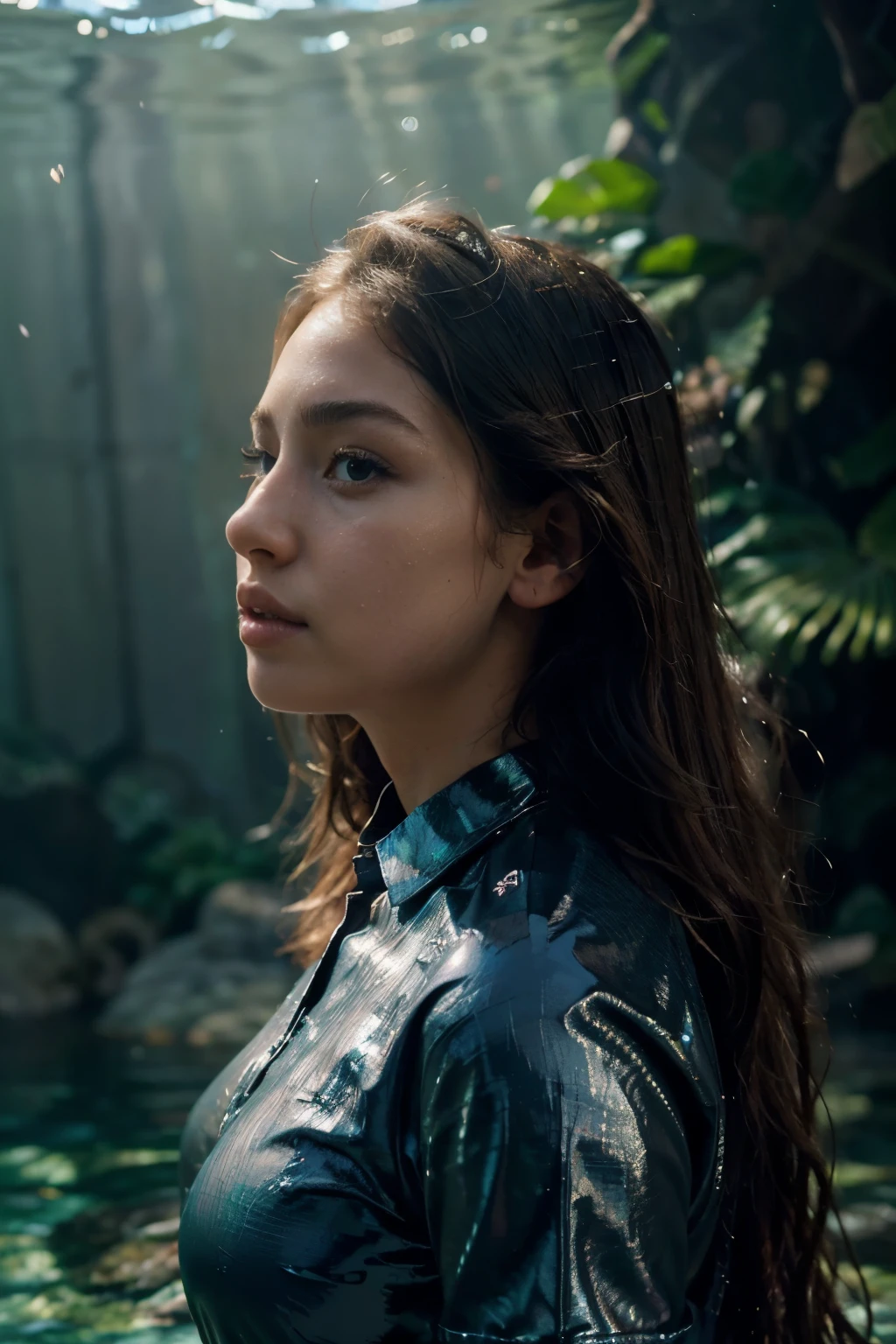 ((best quality)), ((masterpiece)), ((wear fully covered shirt)), (detailed),"Generate an ultra-realistic, high-resolution headshot of a 21-year-old girl with a black shirt that accentuates her curves. A breathtaking mermaid with iridescent scales and long, flowing hair swims gracefully through a coral reef filled with colorful fish. Sunlight filters through the water, creating a magical atmosphere. portrait sophie mudd, thick neck, 19 year old female model, latina, angelawhite, violet myers, 22 years old, 21 years old, profile image, italian, italian latina, Alycia Debnam-Carey, hazel eyes, realistic, post-processing, maximum detail,