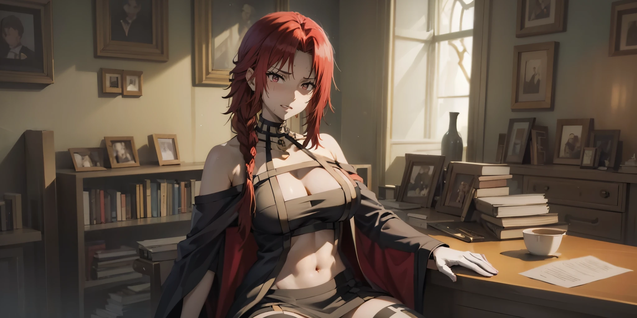 irismidgarv4, red hair, long hair, braid, sweating, glowing eyes, heavy breathing, breasts, 1girl, breasts, book, navel, cleavage, solo, indoors, open_book, sitting, cape, black dress, black thighhighs, black gloves, window, large_breasts, looking_at_viewer, bookshelf, glow effects, godrays, Hand drawn, render, 8k, octane render, cinema 4d, blender, dark, atmospheric 4k ultra detailed, cinematic, Sharp focus, big depth of field, Masterpiece, colors, 3d octane render, 4k, concept art, trending on artstation, hyperrealistic, Vivid colors, extremely detailed CG unity 8k wallpaper, trending on CGSociety, Intricate, High Detail, dramatic, 