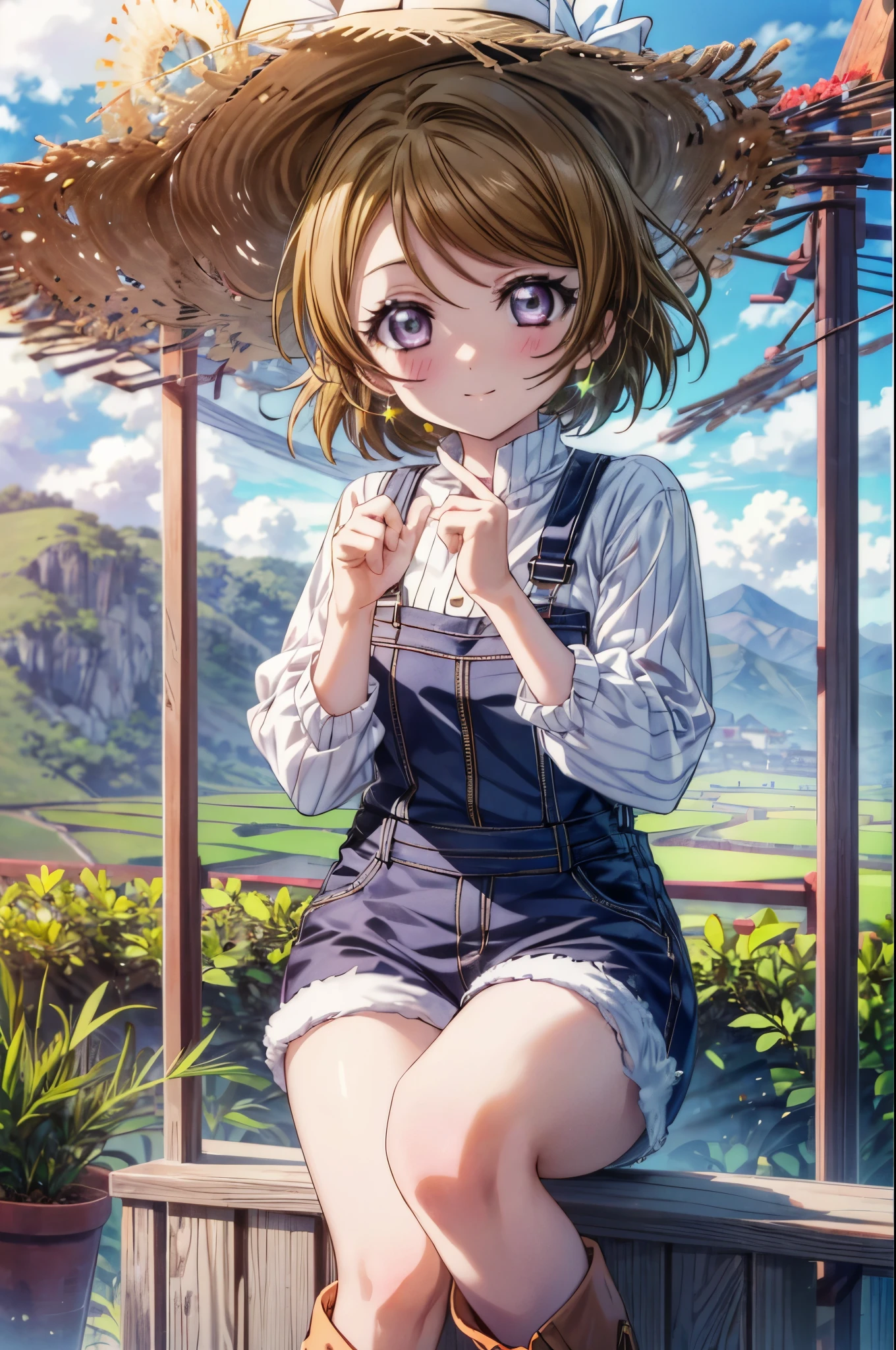 (((pixel perfect, Perfect in every detail))), alone, 1 girl, Hanayo Koizumi, brown hair,short hair,purple eyes,looking at the viewer, smile,straw hat,concealment of work　overalls,rice planting boots,Paddy field,Rice cultivation,Sunny,countryside,(masterpiece:1.2), highest quality, High resolution, unity 8k wallpaper, (shape:0.8), (beautiful and detailed eyes:1.6), highly detailed face, perfect lighting, Very detailed CG, (perfect hands, perfect anatomy),