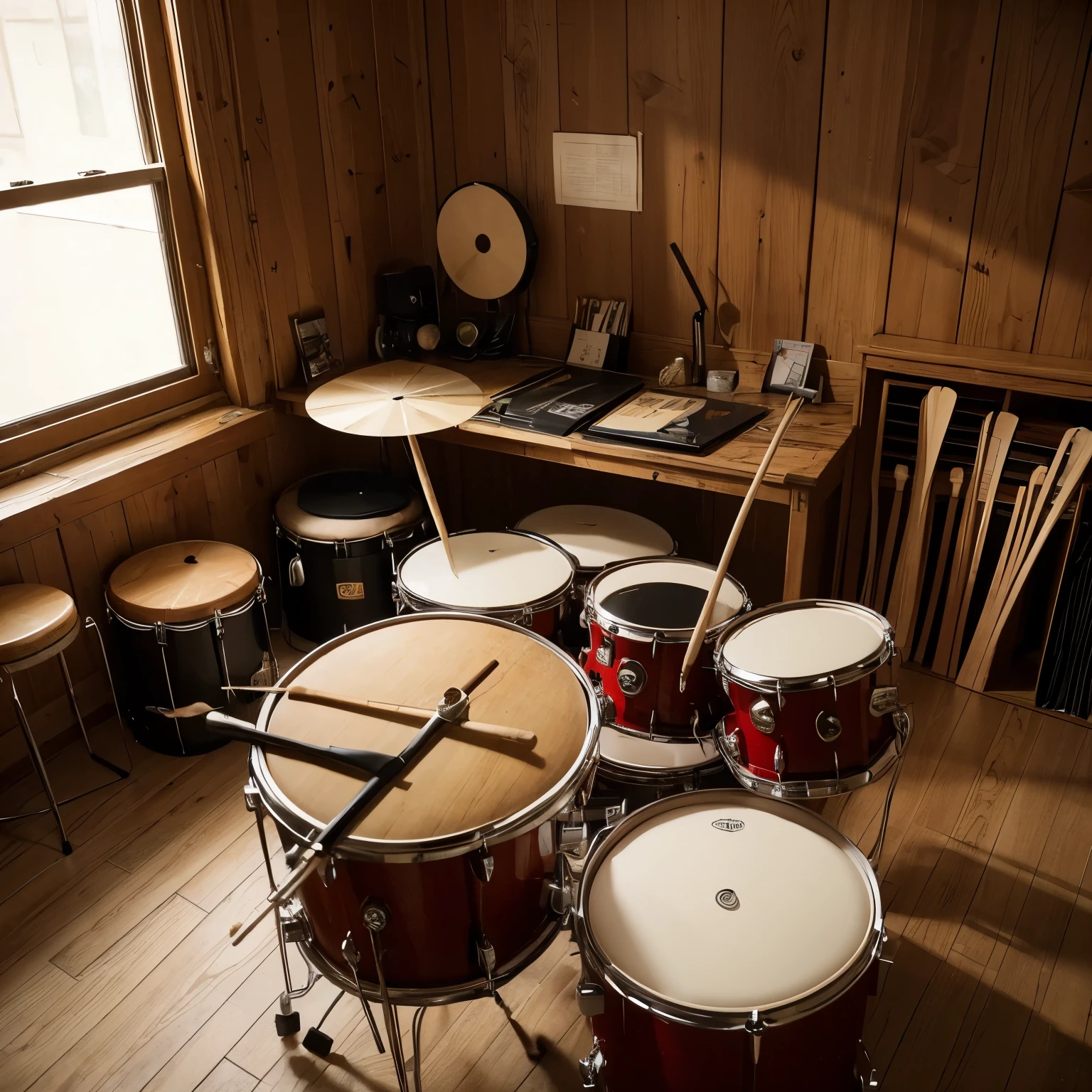 There are a lot of drum sticks on the table,densely piled together,Serious loss,damaged or broken,Full of sense of time