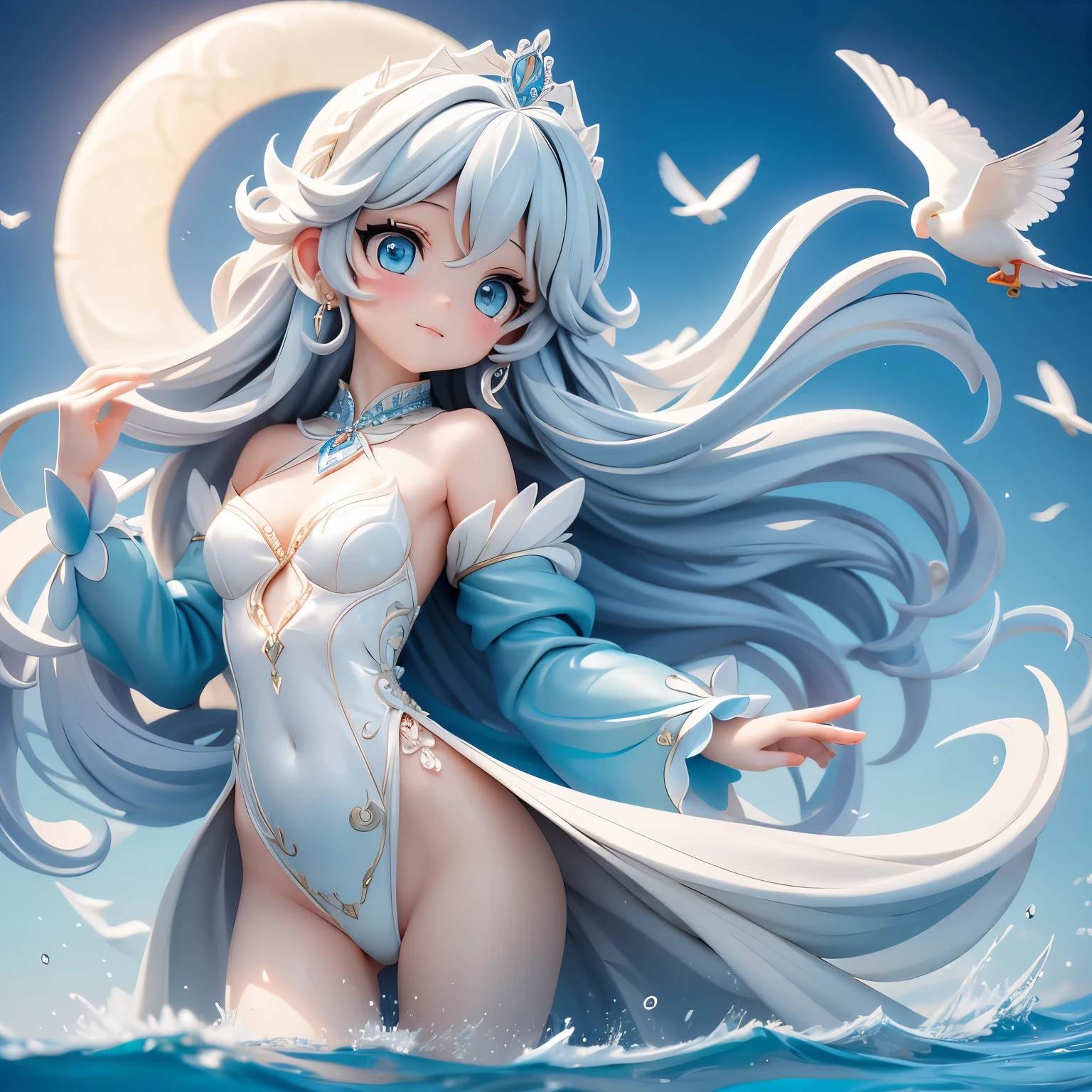 ,((best quality))),8k,((masterpiece)),(extremely delicate and beautiful), There was a girl coming out of the sea, mythical swan princess, beautiful calm face, blue eyes, Long blonde hair braided, Moon braid on back of head, shiny white old clothes，Wearing the Kokosnik crown, affectionate eyes, half smile, A gentle expression on his face, Seascape and sunlight in the background, Seagulls in the sky, full length, realism