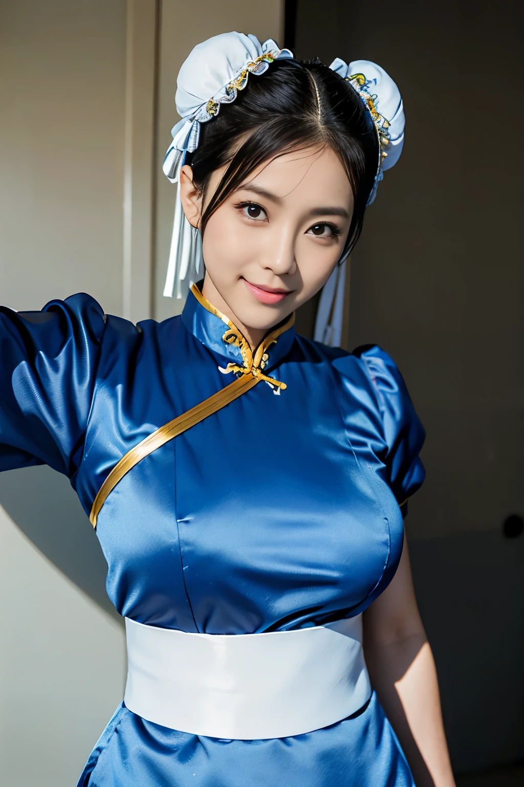 Chun-Li from Street Fight II,perfect chun li costume,Blue cheongsam with gold lines,Bun head,bun cover,fighting pose,masterpiece、1 beautiful girl、fine eyes、puffy eyes、highest quality, 超High resolution, (reality: 1.4), movie lighting、Japanese、asian beauty、Korean、super beautiful、beautiful skin、body facing forward、close up of face、(超reality的な)、(High resolution)、(8k)、(very detailed)、(美しくfine eyes)、(Super detailed)、 (wall-)、detailed face、bright lighting、professional lighting、looking at the viewer、look straight ahead、slanted bangs、Nogizaka Idol、korean idol、masterpiece, highest quality, masterpiece, highest quality, perfect face, perfect brown eyes with white sclera, bad move-5, alone, 1 girl, Upper body, brown hair, From SF2, Chinese service, smile, muscular woman, blue clothes, pantyhose, pelvic curtain, Puffy short sleeves, Good cover, sash, evaluation:safety