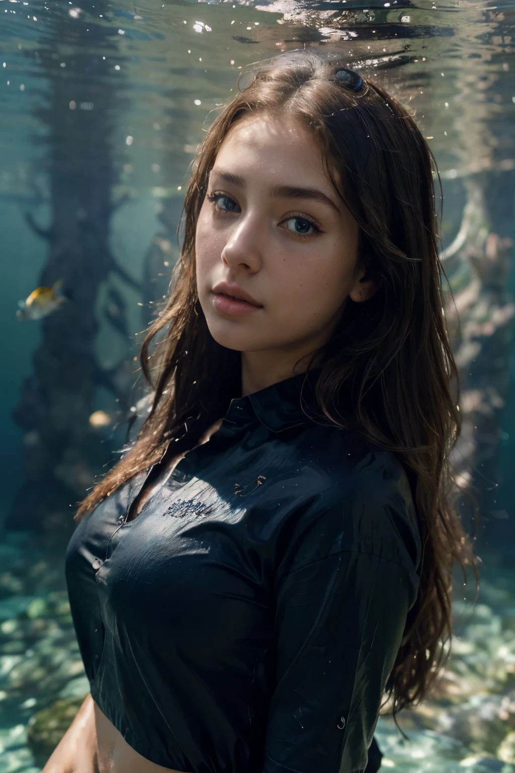 ((best quality)), ((masterpiece)), ((wear fully covered shirt)), (detailed),"Generate an ultra-realistic, high-resolution headshot of a 21-year-old girl with a black shirt that accentuates her curves. A breathtaking mermaid with iridescent scales and long, flowing hair swims gracefully through a coral reef filled with colorful fish. Sunlight filters through the water, creating a magical atmosphere. portrait sophie mudd, thick neck, 19 year old female model, latina, angelawhite, violet myers, 22 years old, 21 years old, profile image, italian, italian latina, Alycia Debnam-Carey, hazel eyes, realistic, post-processing, maximum detail,