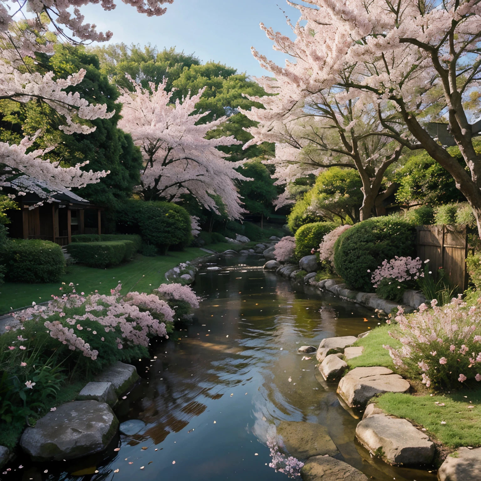 Cherry blossom garden, Morning, Clear river