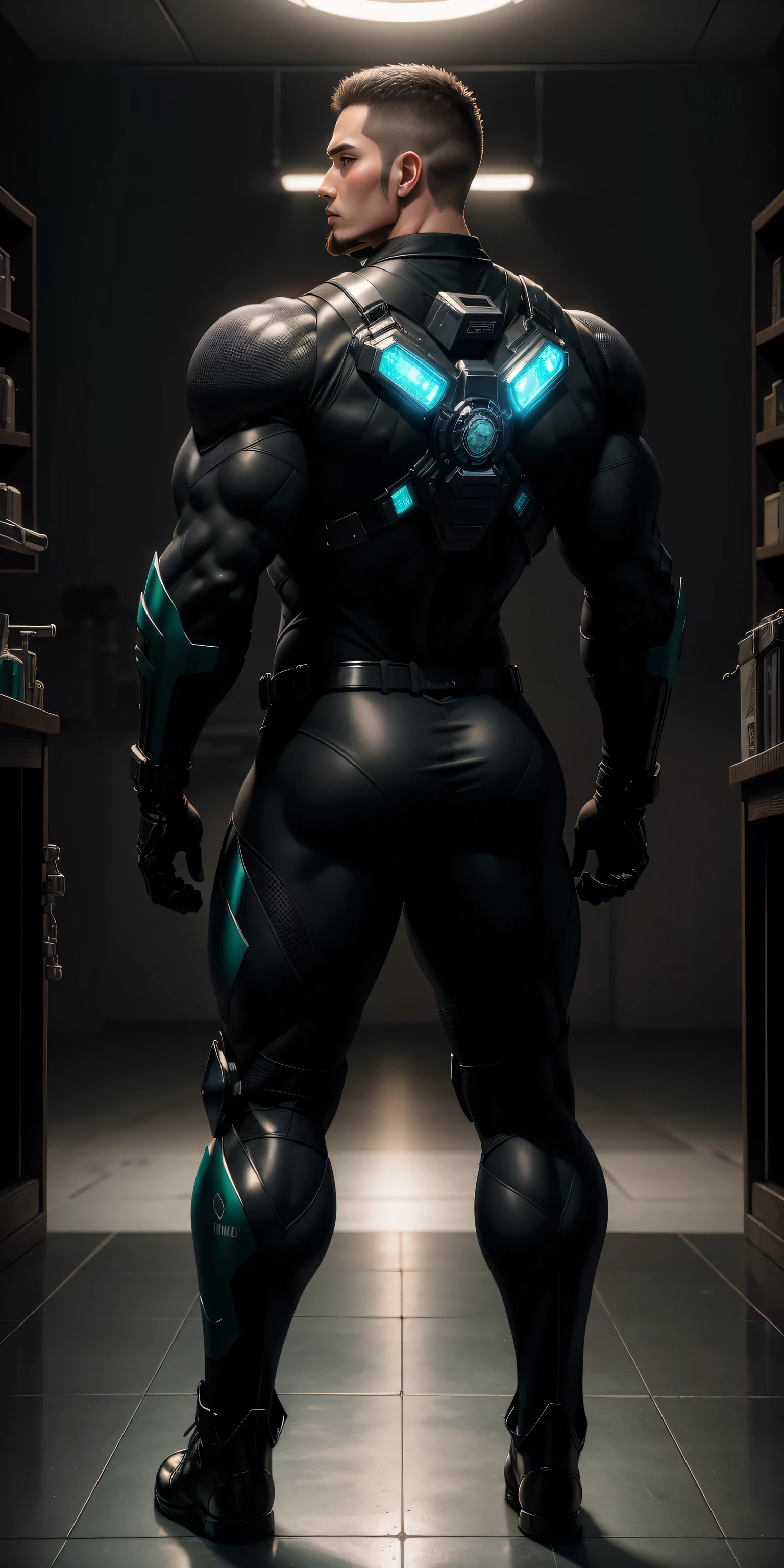 特别High背影, huge, and muscular police officer,Bright black mesh nano-mecha,honeycomb pattern,round butt,Highlights,character concept(Resident Evil - chris redfield,chris redfield)senior police officer,small grid texture,regular symmetrical texture pattern,sad expression,Deep and charming eyes,Standing in bright mechanical laboratory,Emerald Eyes Hero,heroic male pose,高大burly,muscular!Charming leg muscles,High, burly, Heqiang, Super gain and cool, high resolution committee, Big feet in shiny black ultra-thin nanomechanical boots,Charming strong man,The bright sunshine is shining on you,matte particles,shiny texture