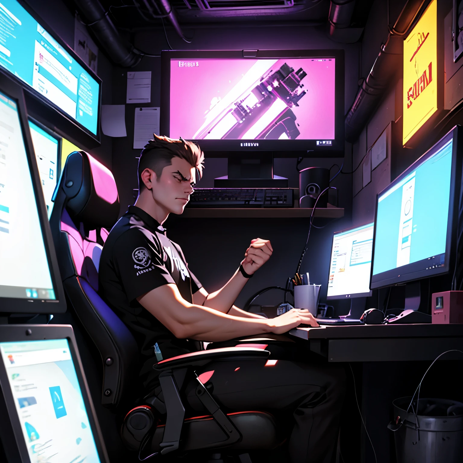 Teen, male, angry, playing on computer, dark room, purple neon lighting, word hype frame. Highly detailed, high quality, masterpiece,
