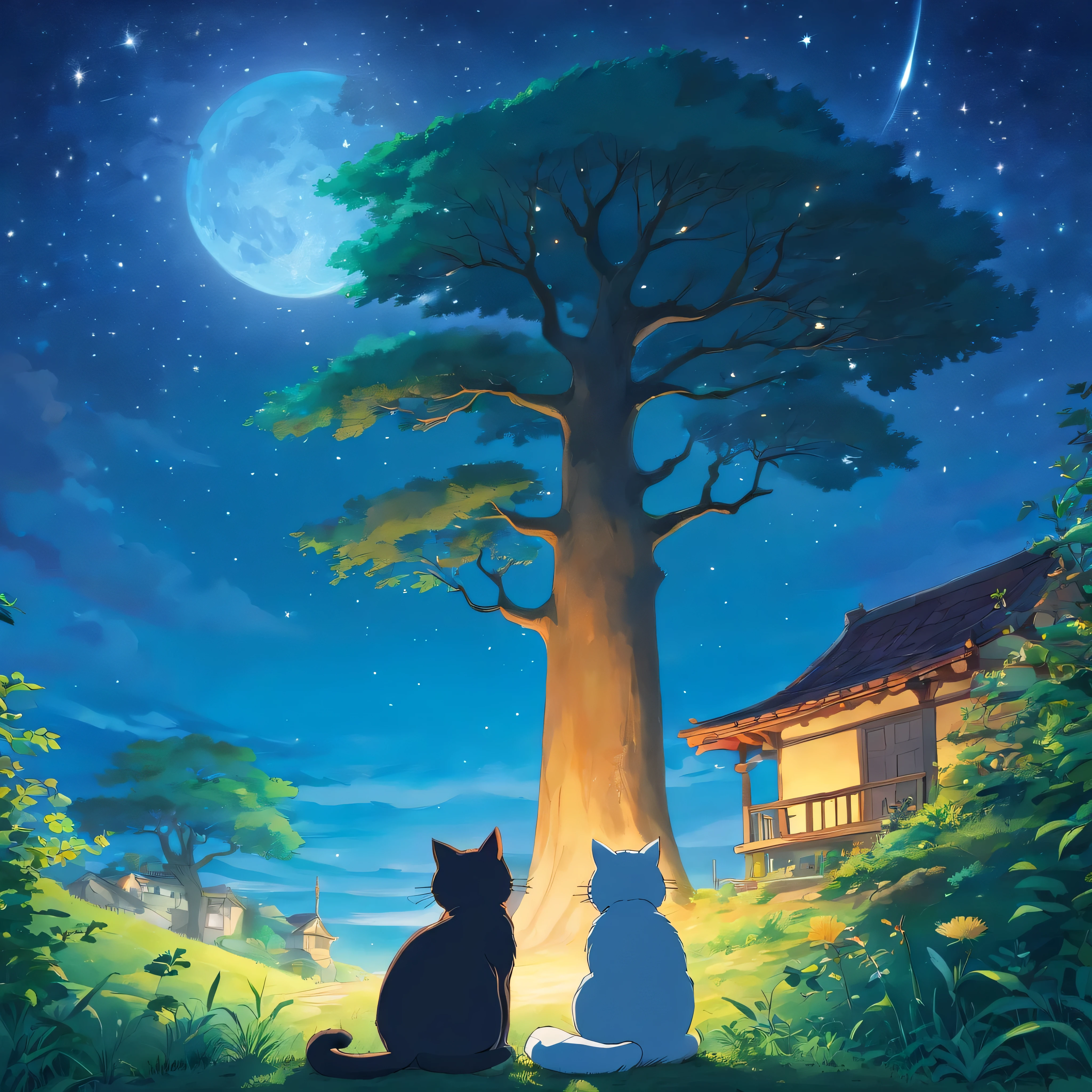 dos gatos sentados junto a un arbol sobre una colina el panorama es de noche hay nubles y estrellas , tambien una media luna los gatos esta enamorados y un dibujo de corazon esta sobre sus cabezas , la imagen es tomada desde atras de los gatos algo lejano