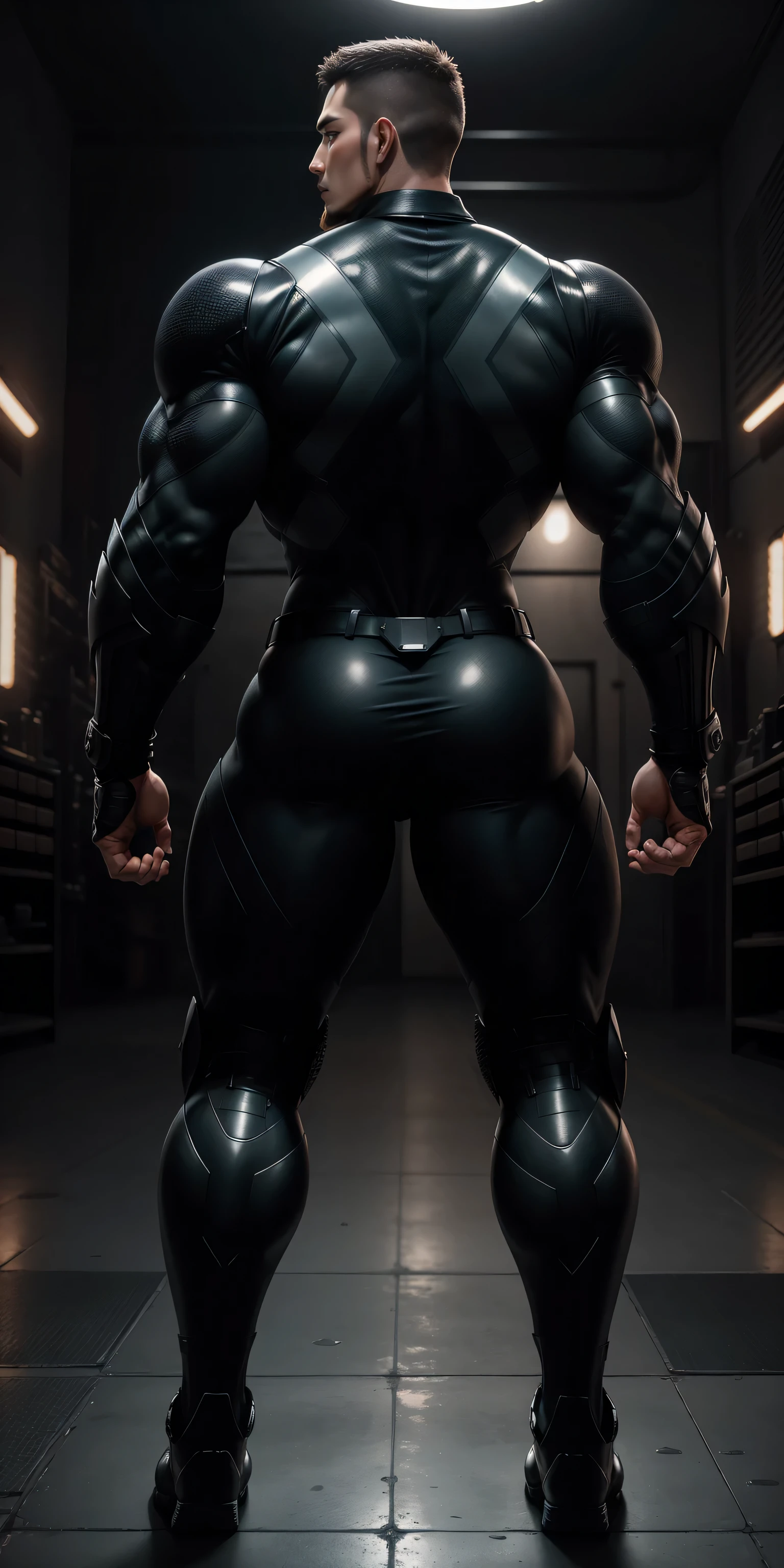 特别High背影, huge, and muscular police officer,Bright black mesh nano-mecha,honeycomb pattern,round butt,Highlights,character concept(Resident Evil - chris redfield,chris redfield)senior police officer,small grid texture,regular symmetrical texture pattern,sad expression,Deep and charming eyes,Standing in bright mechanical laboratory,Emerald Eyes Hero,heroic male pose,高大burly,muscular!Charming leg muscles,High, burly, Heqiang, Super gain and cool, high resolution committee, Big feet in shiny black ultra-thin nanomechanical boots,Charming strong man,The bright sunshine is shining on you,matte particles,shiny texture