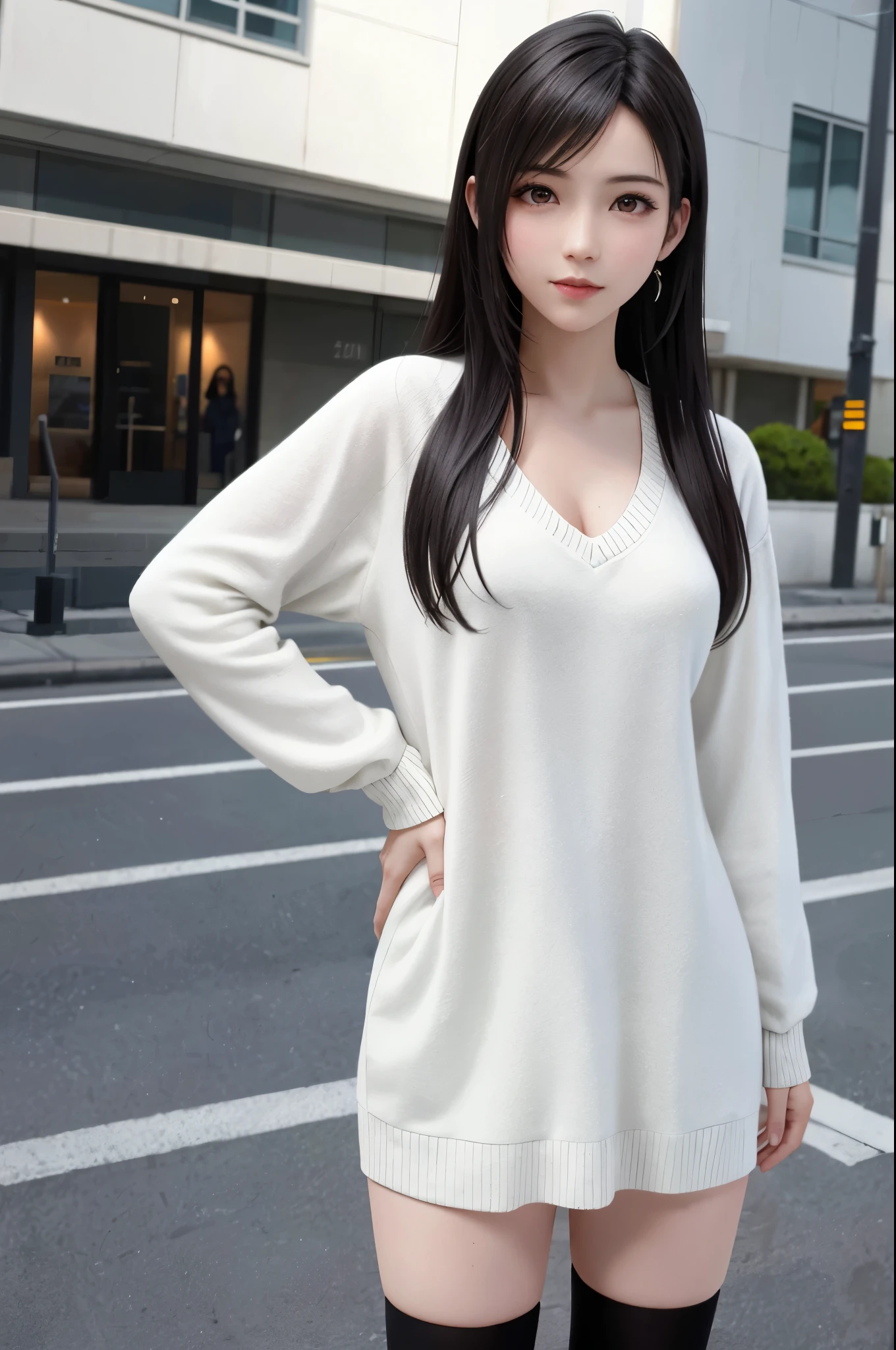 {top quality, masterpiece, ultra detailed}, {{{Realistic, Photo Realistic}}}, BREAK (((FF7,Tifa_lockhart))),(wearing oversized loose sweater, Exquisite cloth ,knit dress:1.3,long sleeve:1.2,white),(short pants),(tight very long boots:1.2),(background big city,shibuya:1.1,night:1.3,neon:1.2),(gravure pose:1.3,nogizaka idol),Ultra-detailed face, Detailed eyes, Red eyes, BREAK (((FF7,Tifa_lockhart))),(black brown hair, Large breasts: 1.2), BREAK (no bra),(Small and beautiful hard nipple) , About 18 years old, kawaii,(face focus:1.0),sensual,zettai_ryouiki:1.1,looking at viewer, cowboy shot, behind wall, standing