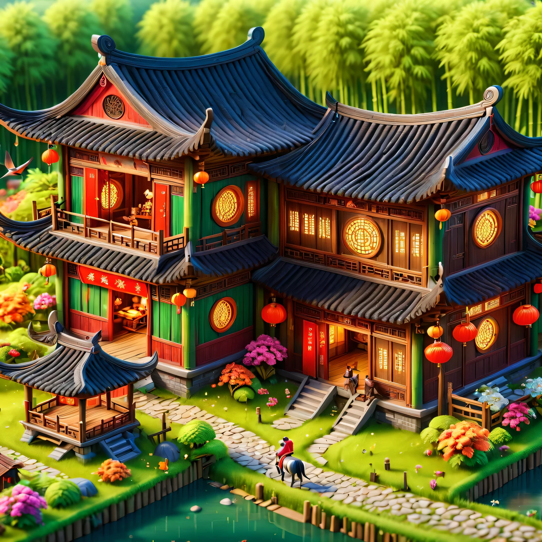 (masterpiece, best quality:1.2), ancient chinese house,bright colors,traditional building,bamboo forest,Black tile roof,Flower path,3d,(Aerial view),((ox仔:1.5)),((pedestrian)),((ox)),((swallow))