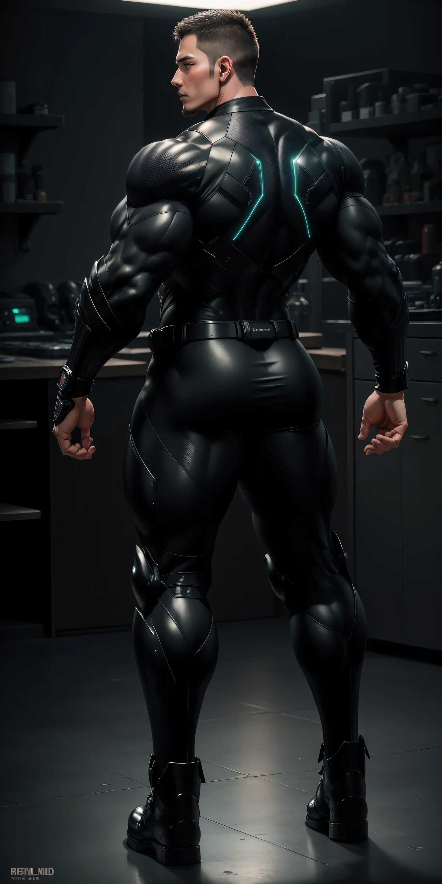 特别High背影, huge, and muscular police officer，Bright black mesh nano-mecha，honeycomb pattern，round butt，Highlights，character concept（Resident Evil - chris redfield，chris redfield）senior police officer，small grid texture，regular symmetrical texture pattern，sad expression，Deep and charming eyes，Standing in bright mechanical laboratory，Emerald Eyes Hero，heroic male pose，高大burly，muscular！Charming leg muscles，High, burly, Heqiang，  Super gain and cool， high resolution committee， Big feet in shiny black ultra-thin nanomechanical boots，Charming strong man，The bright sunshine is shining on you，matte particles，shiny texture
