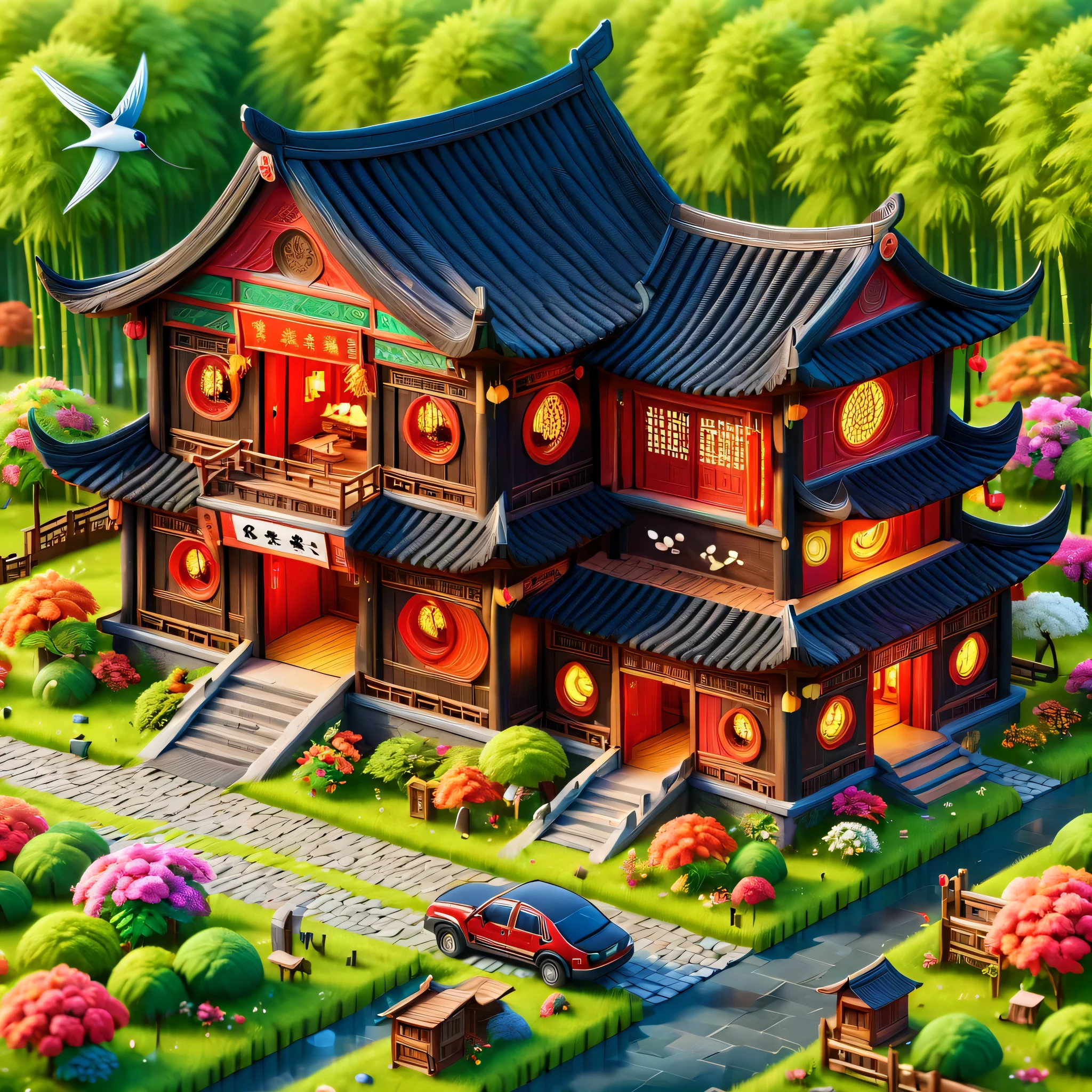 (masterpiece, best quality:1.2), ancient chinese house,bright colors,traditional building,bamboo forest,Black tile roof,Flower path,3d,(Aerial view),((ox仔:1.5)),((pedestrian)),((ox)),((swallow))