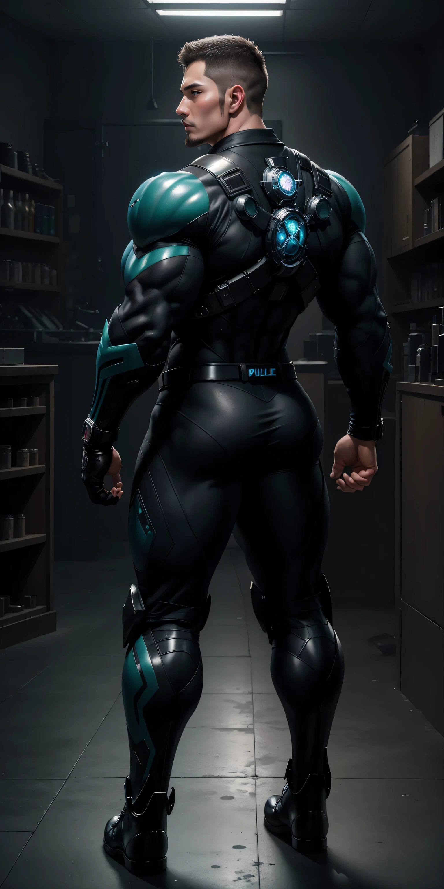 特别High背影, huge, and muscular police officer，Bright black mesh nano-mecha，honeycomb pattern，round butt，Highlights，character concept（Resident Evil - chris redfield，chris redfield）senior police officer，small grid texture，regular symmetrical texture pattern，sad expression，Deep and charming eyes，Standing in bright mechanical laboratory，Emerald Eyes Hero，heroic male pose，高大burly，muscular！Charming leg muscles，High, burly, Heqiang，  Super gain and cool， high resolution committee， Big feet in shiny black ultra-thin nanomechanical boots，Charming strong man，The bright sunshine is shining on you，matte particles，shiny texture