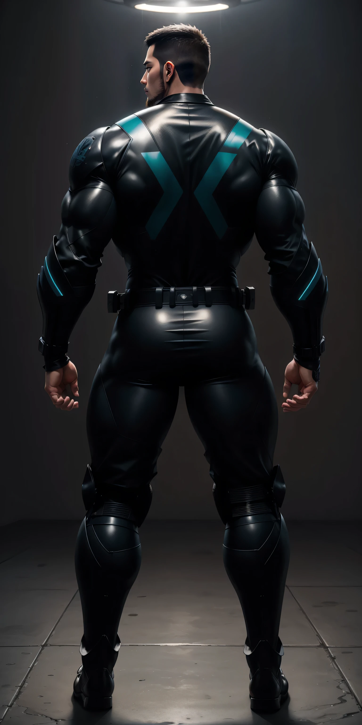 特别High背影, huge, and muscular police officer,Bright black mesh nano-mecha,LED colorful light effect human body tracing lamp,round butt,Highlights,character concept(Resident Evil - chris redfield,chris redfield)senior police officer,small grid texture,regular symmetrical texture pattern,sad expression,Deep and charming eyes,Standing in bright mechanical laboratory,Emerald Eyes Hero,heroic male pose,高大burly,muscular!Charming leg muscles,High, burly, Heqiang, Super gain and cool, high resolution committee, Big feet in shiny black ultra-thin nanomechanical boots,Charming strong man,The bright sunshine is shining on you,matte particles,shiny texture
