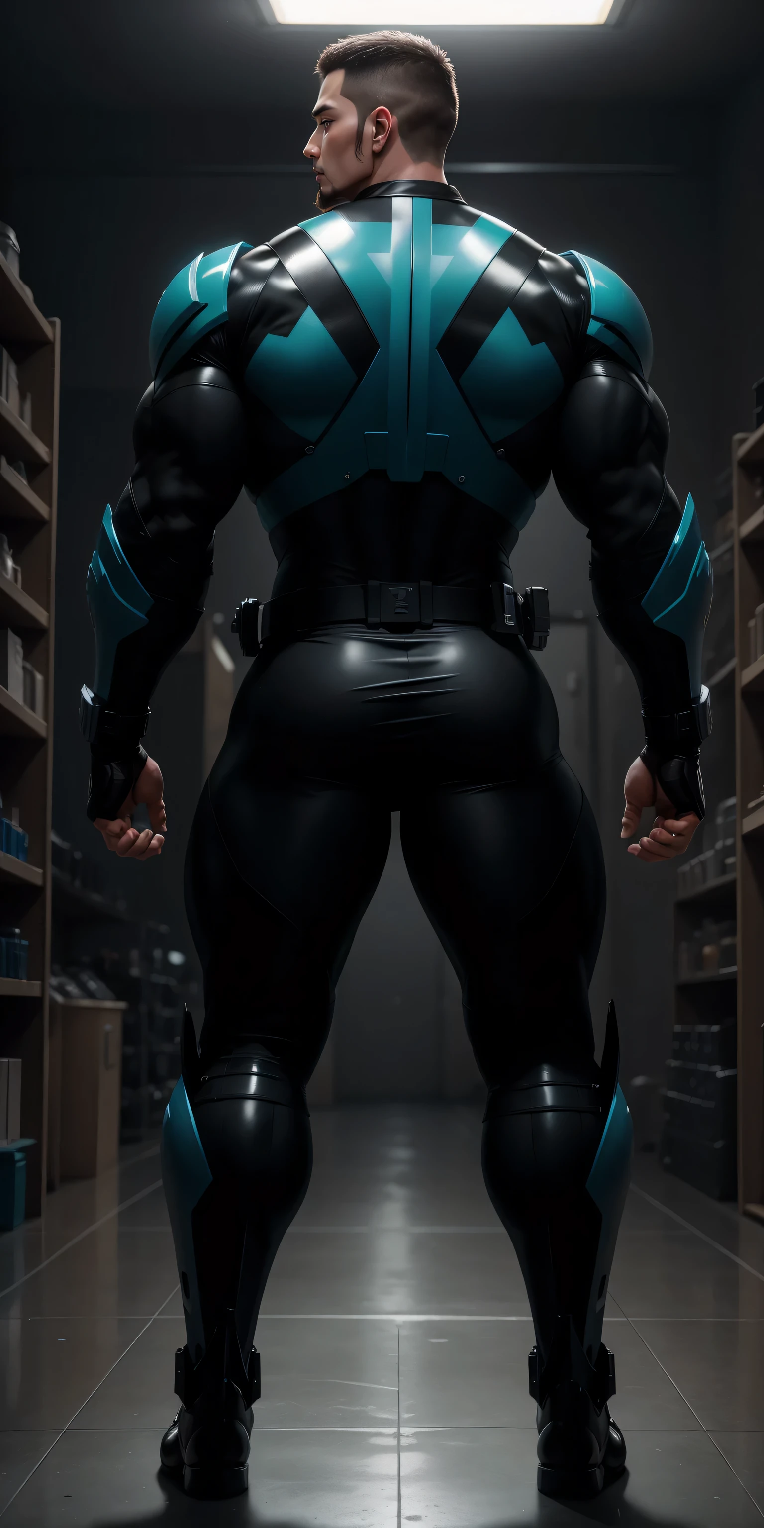 特别High背影, huge, and muscular police officer,Bright black mesh nano-mecha,LED colorful light effect human body tracing lamp,round butt,Highlights,character concept(Resident Evil - chris redfield,chris redfield)senior police officer,small grid texture,regular symmetrical texture pattern,sad expression,Deep and charming eyes,Standing in bright mechanical laboratory,Emerald Eyes Hero,heroic male pose,高大burly,muscular!Charming leg muscles,High, burly, Heqiang, Super gain and cool, high resolution committee, Big feet in shiny black ultra-thin nanomechanical boots,Charming strong man,The bright sunshine is shining on you,matte particles,shiny texture