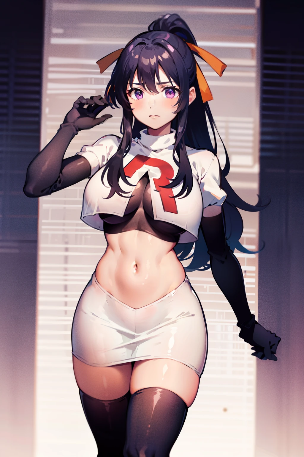 akane, 1girl, solo, long hair, skirt, large breasts, black hair, ribbon, very long hair, purple eyes, hair ribbon, ponytail, hakama skirt, miko, masterpiece, team rocket,team rocket uniform, red letter R, white skirt,white crop top,black thigh-highs,black elbow gloves