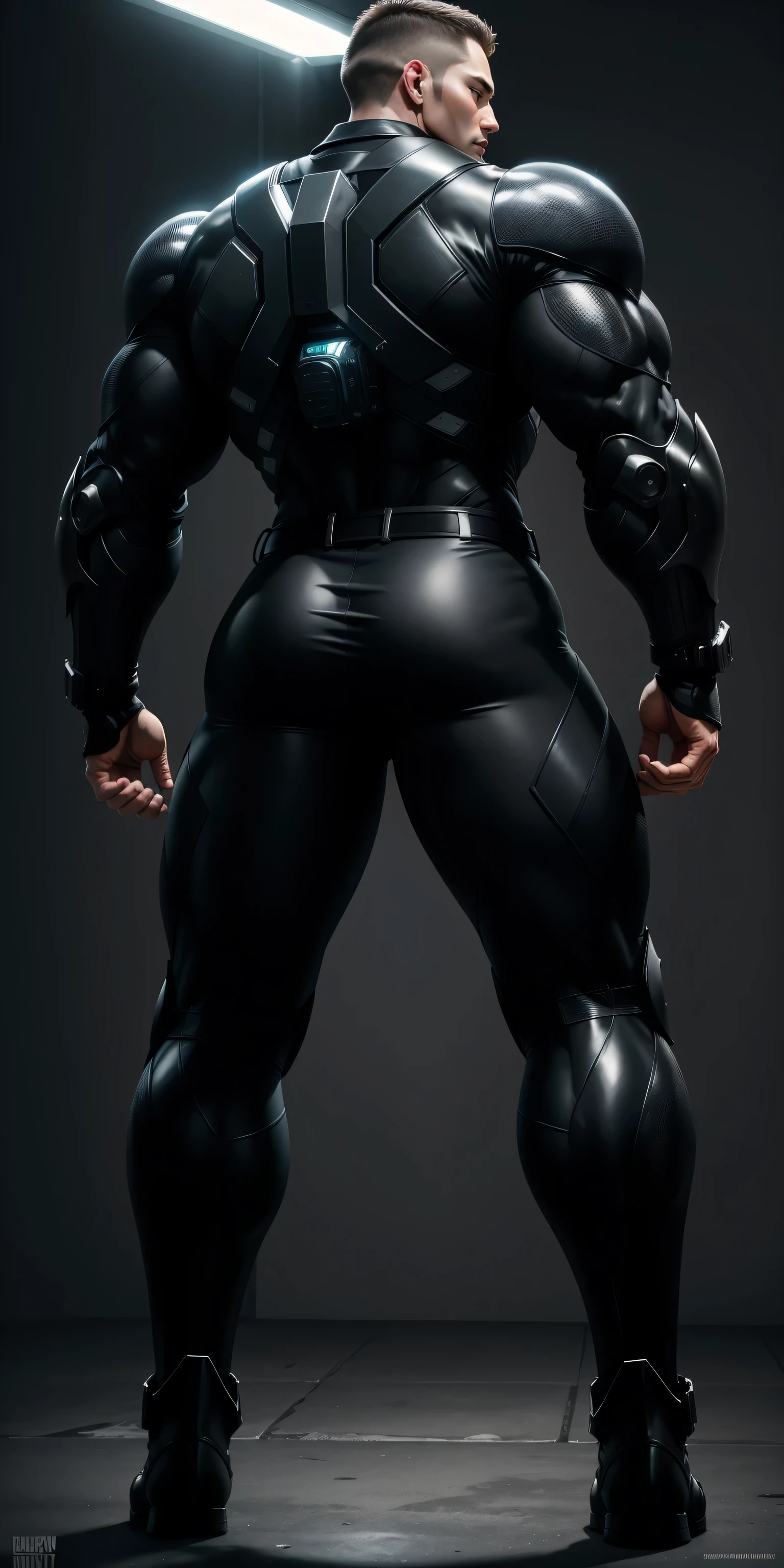 ((Best Quality, 8K, ultra-detailed, Masterpiece: 1.3)), 1boy, full body image, shiny skin, sharp, Perfect Body Beauty, realistic shaded perfect body, muscular male, huge and voluminous shoulders, shapely neck Big Breasts, chiseled abs, huge muscles, bodybuilder body, 300 lbs, (((back))) Broad back, shapely trapezius, toned deltoids, voluminous lats, (closed helmet, plain helmet, helmet with mask, expressionless male mask,:1.1), legs not too far apart, ("bodysuit, big bulge muscles ":1.2), ("leggins, armor":1.1), ("glove, armor":1.1 ), ("jet black armor":1.1), (techwear) (dynamic pose:1.1), thigh , battle field , (bulge focus:1.2), 3d, cartoon