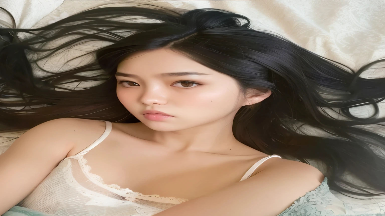 araffed asian woman lying on a bed with hair blowing in the wind, hermosa mujer surcoreana, hermosa joven coreana, hermosa joven coreana, asian girl with long hair, Beautiful asian girl, muchacha coreana, Young cute pale asian face, ulzzang, preciosa cara delicada, preciosa modelo china, young asian, wenfei ye, joven y adorable rostro coreano kim yoojung my demon kdrama